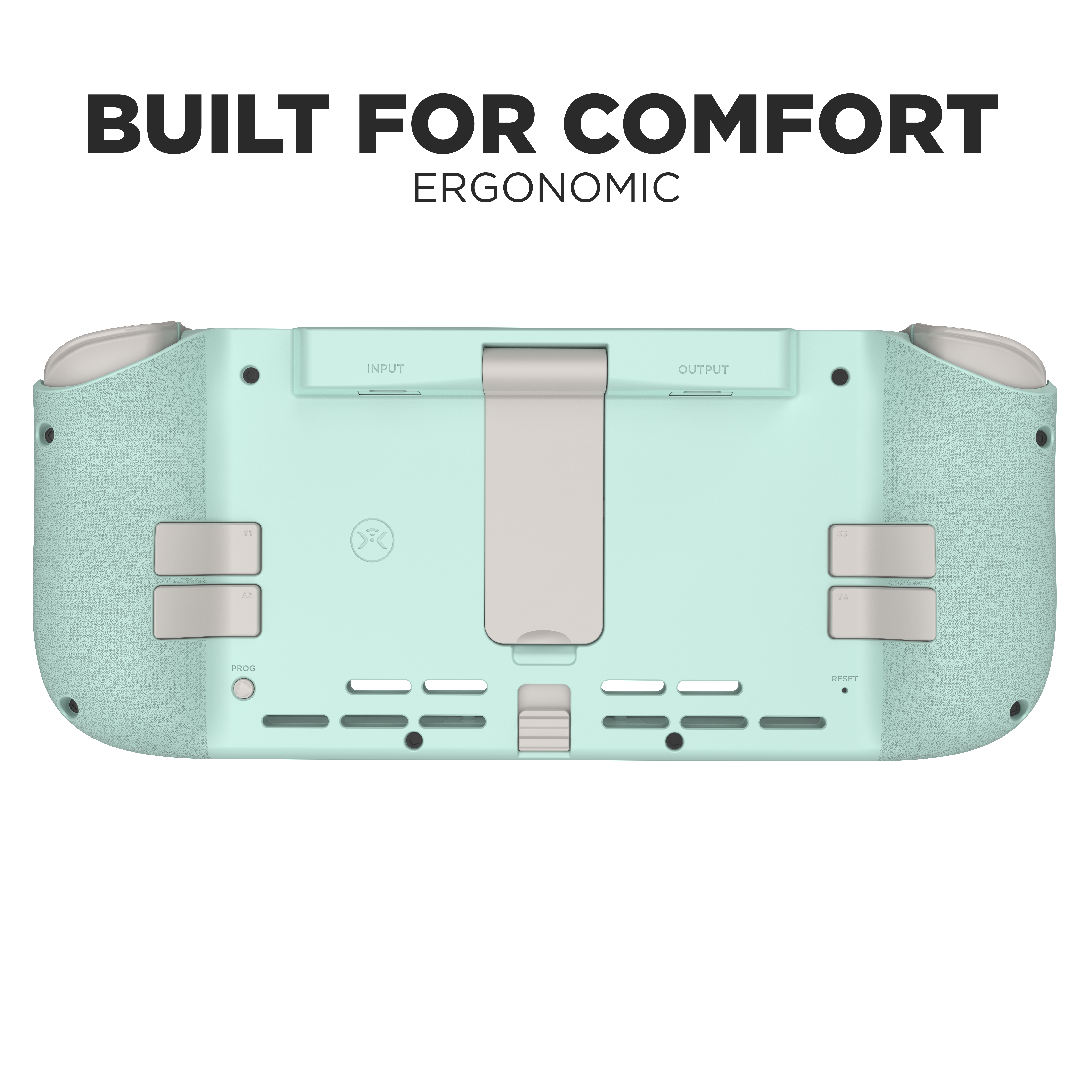 Rückansicht des Gamecontrollers. Mintgrün mit weißen Akzenten. Text: Built for Comfort.