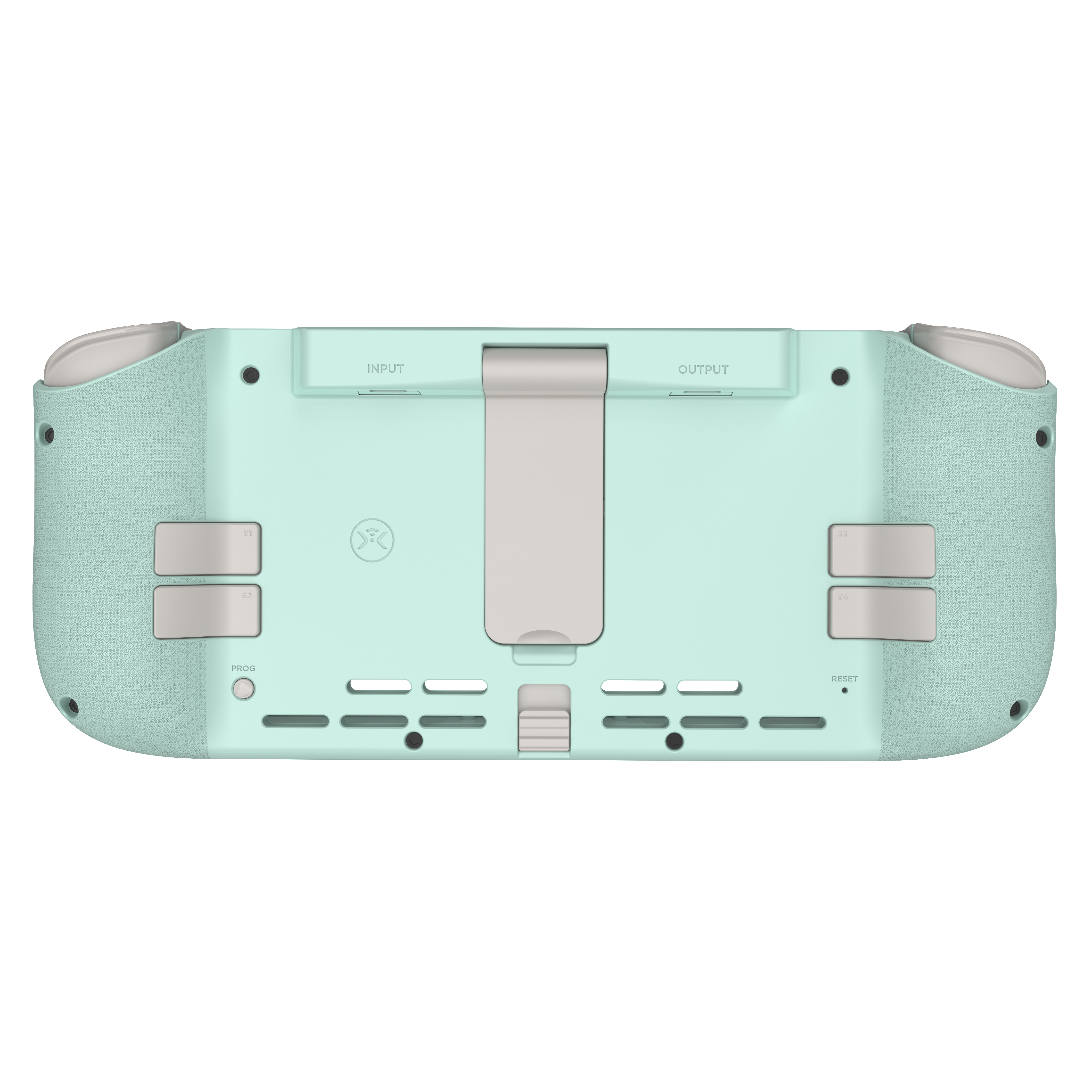 Minzgrüne Handheld-Spielkonsole mit Knöpfen, Steuerkreuz und Ständer.