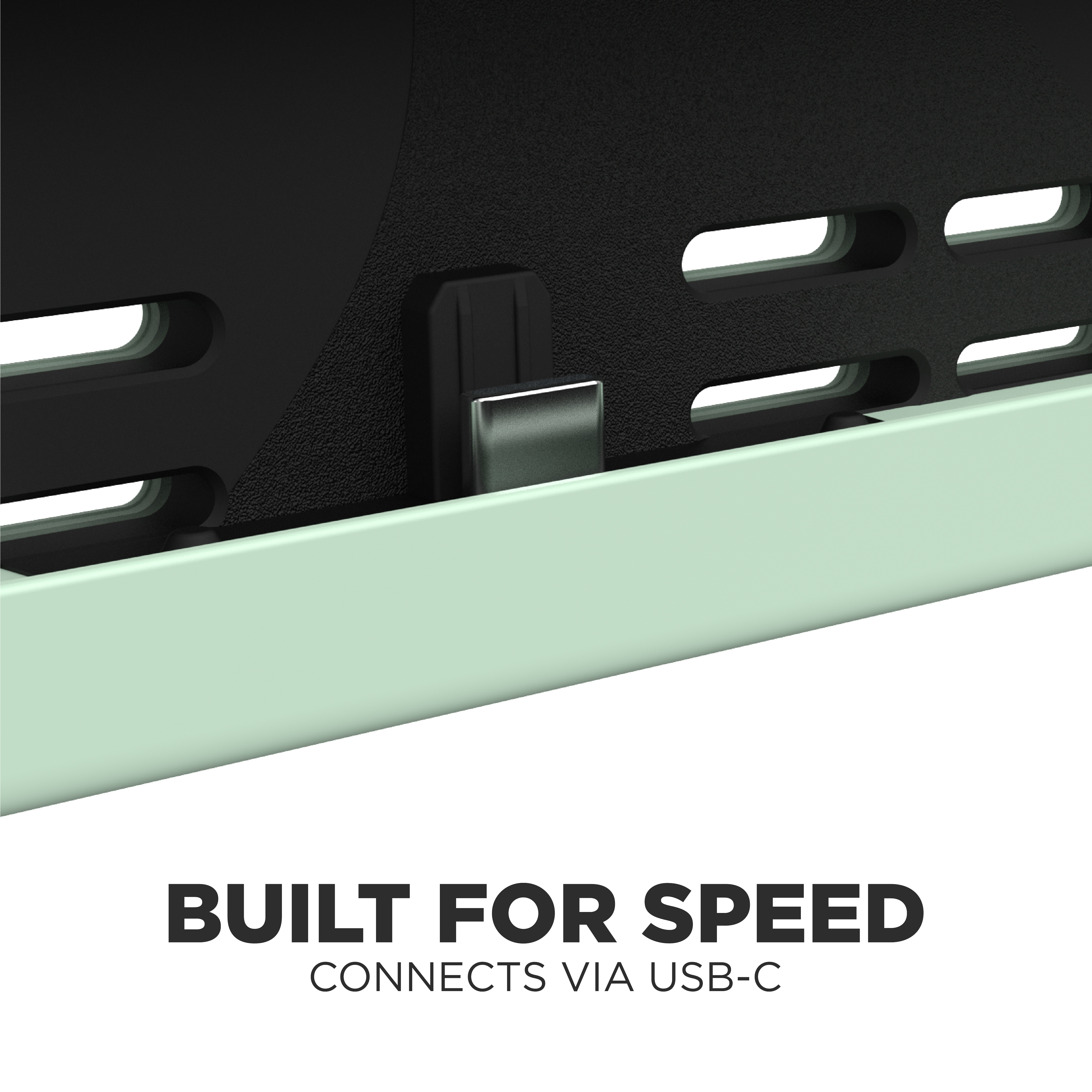 Nahaufnahme eines USB-C-Anschlusses. Text: BUILT FOR SPEED CONNECTS VIA USB-C.