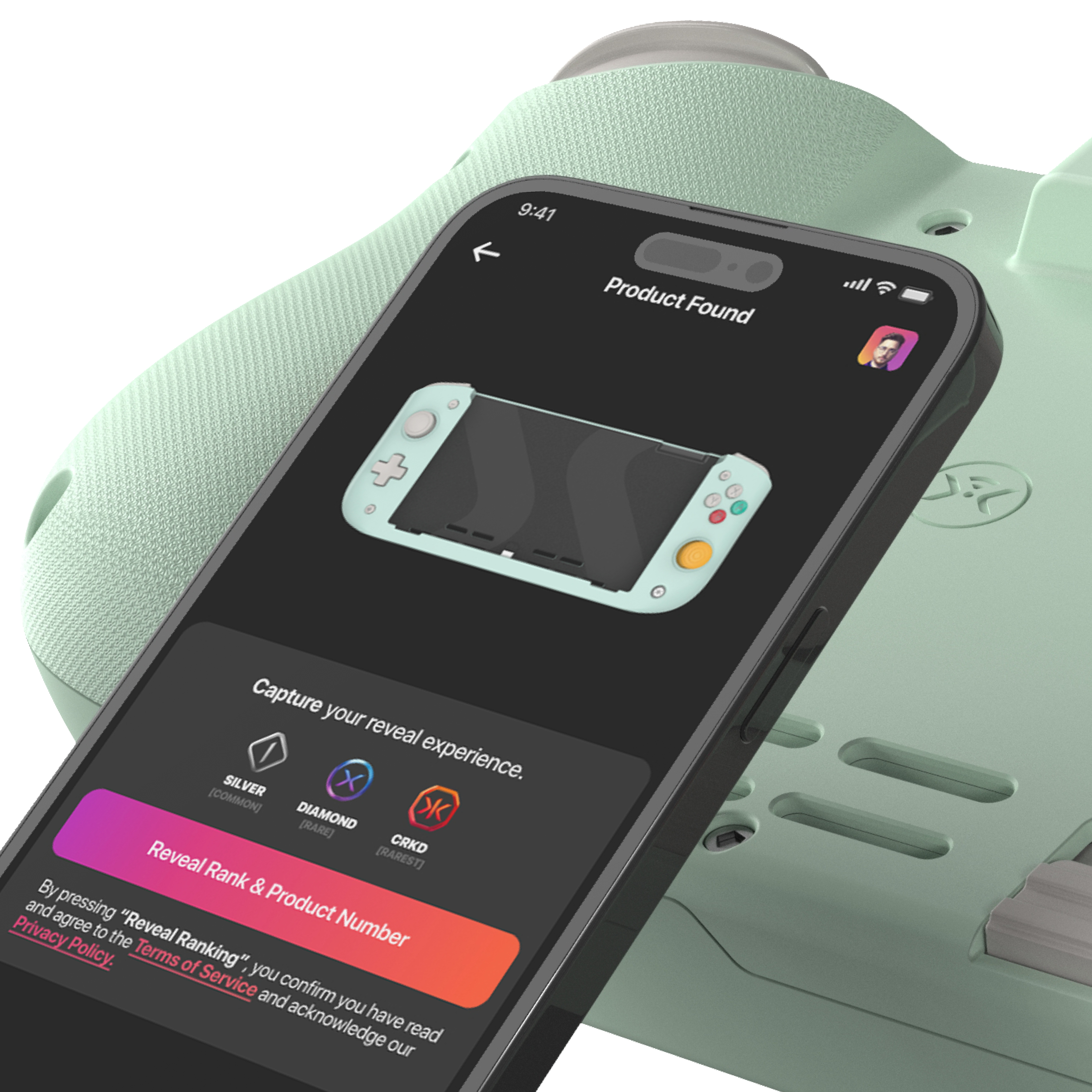 Telefon zeigt Produktdetails, Controller und mintgrünen Hintergrund.