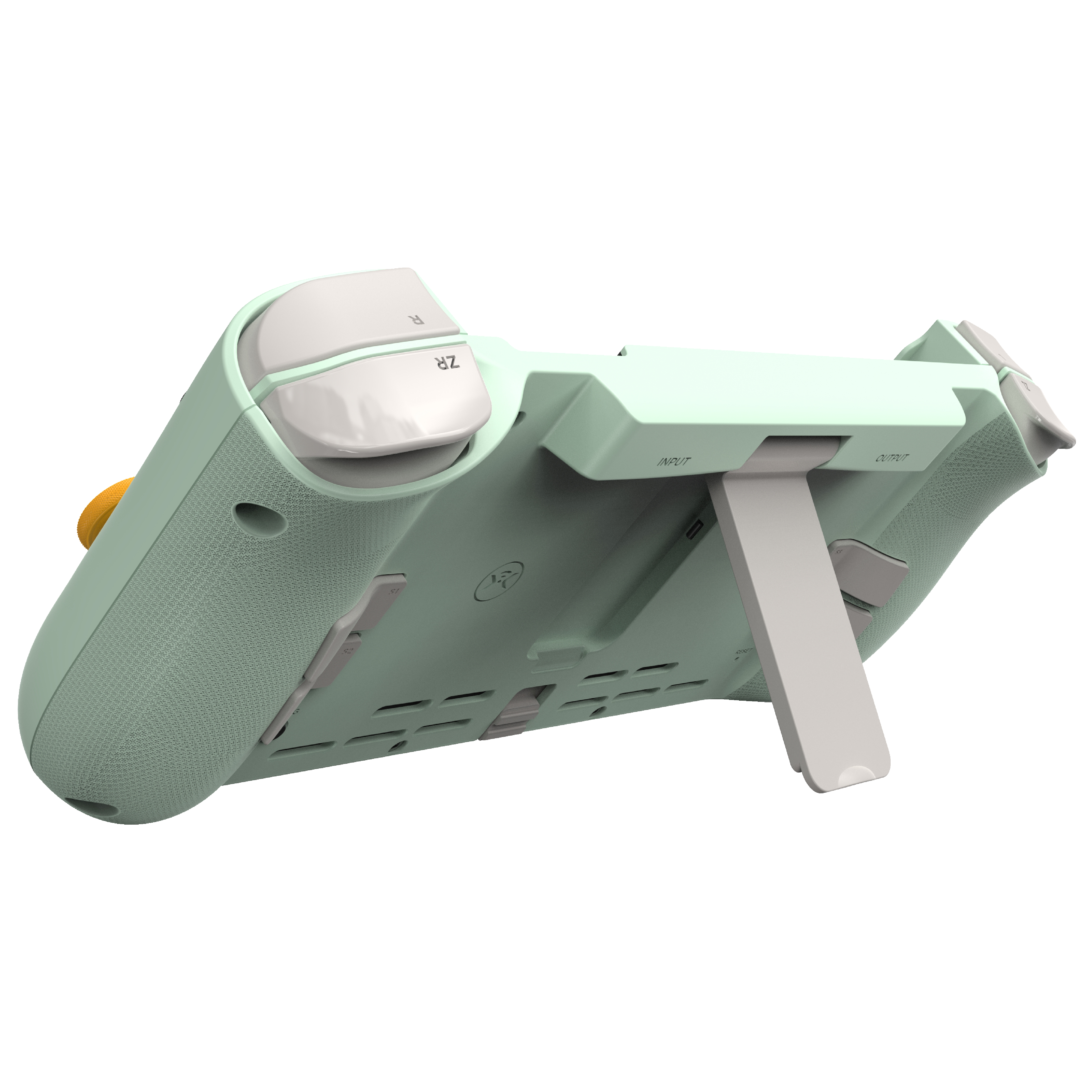 Ein grünes Nintendo Switch Lite mit ausgeklapptem Ständer, zeigt die Rückseite des Geräts.