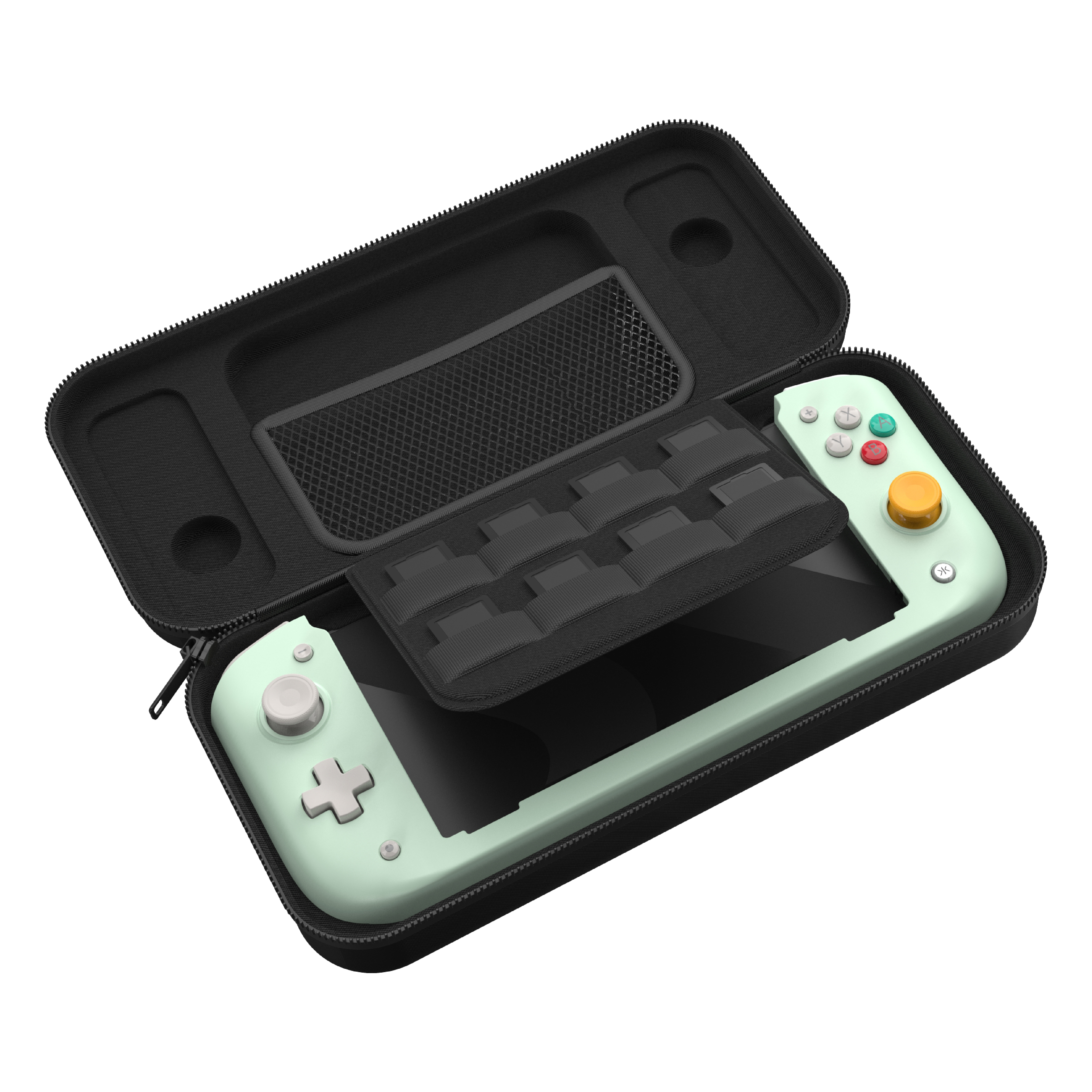 Offener Koffer mit einer grünen Switch Lite-Konsole darin.