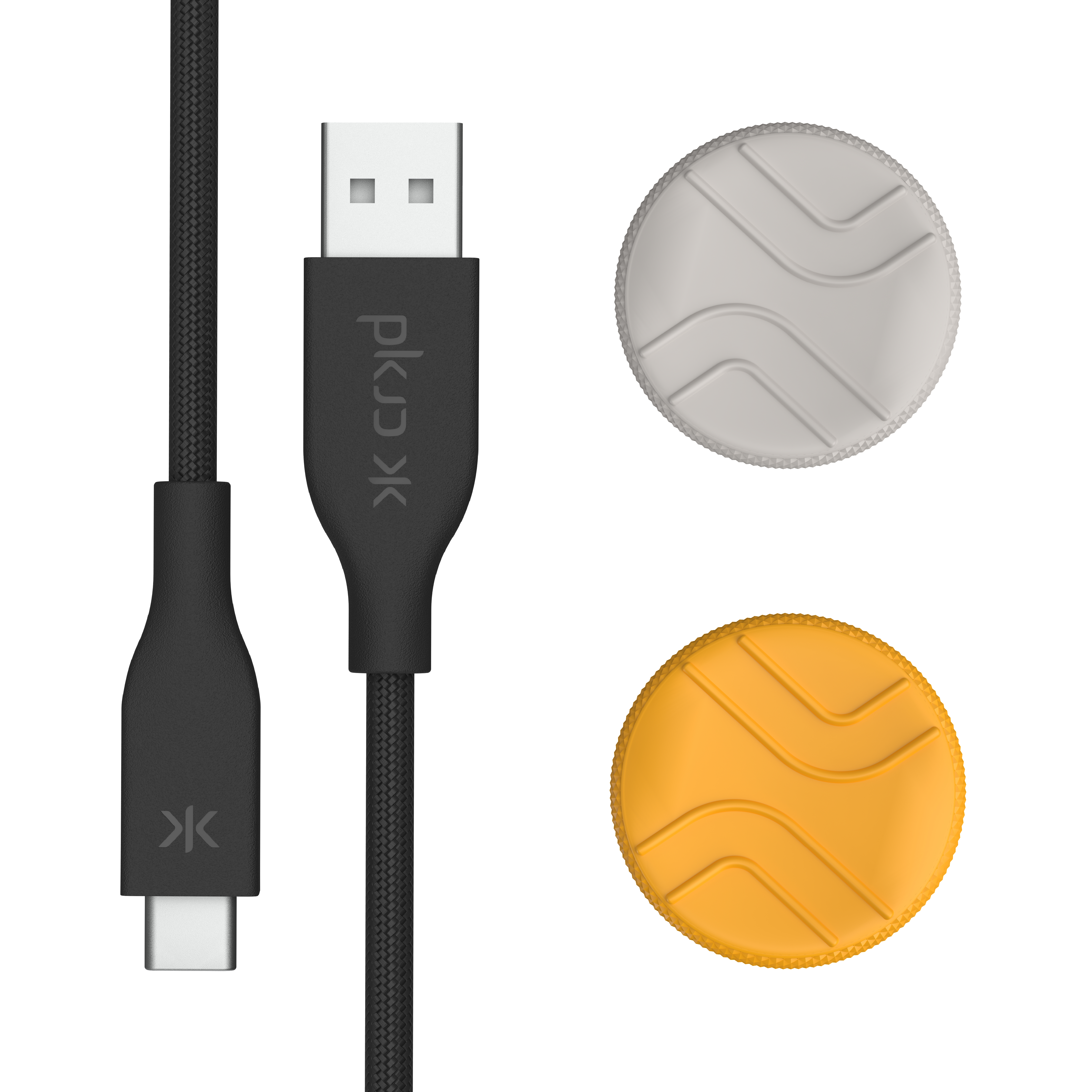 Schwarzes USB-Kabel mit USB-A- und USB-C-Anschluss. Zwei runde Logos in Grau und Gelb auf Weiß.
