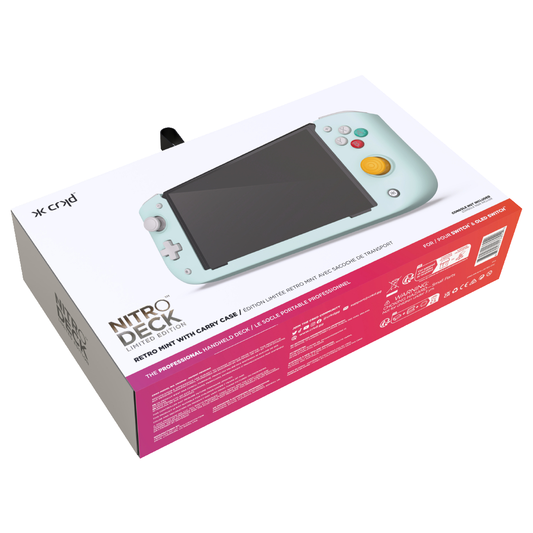 Ein Nintendo Switch-Karton mit einer mintfarbenen Konsole auf der Vorderseite.