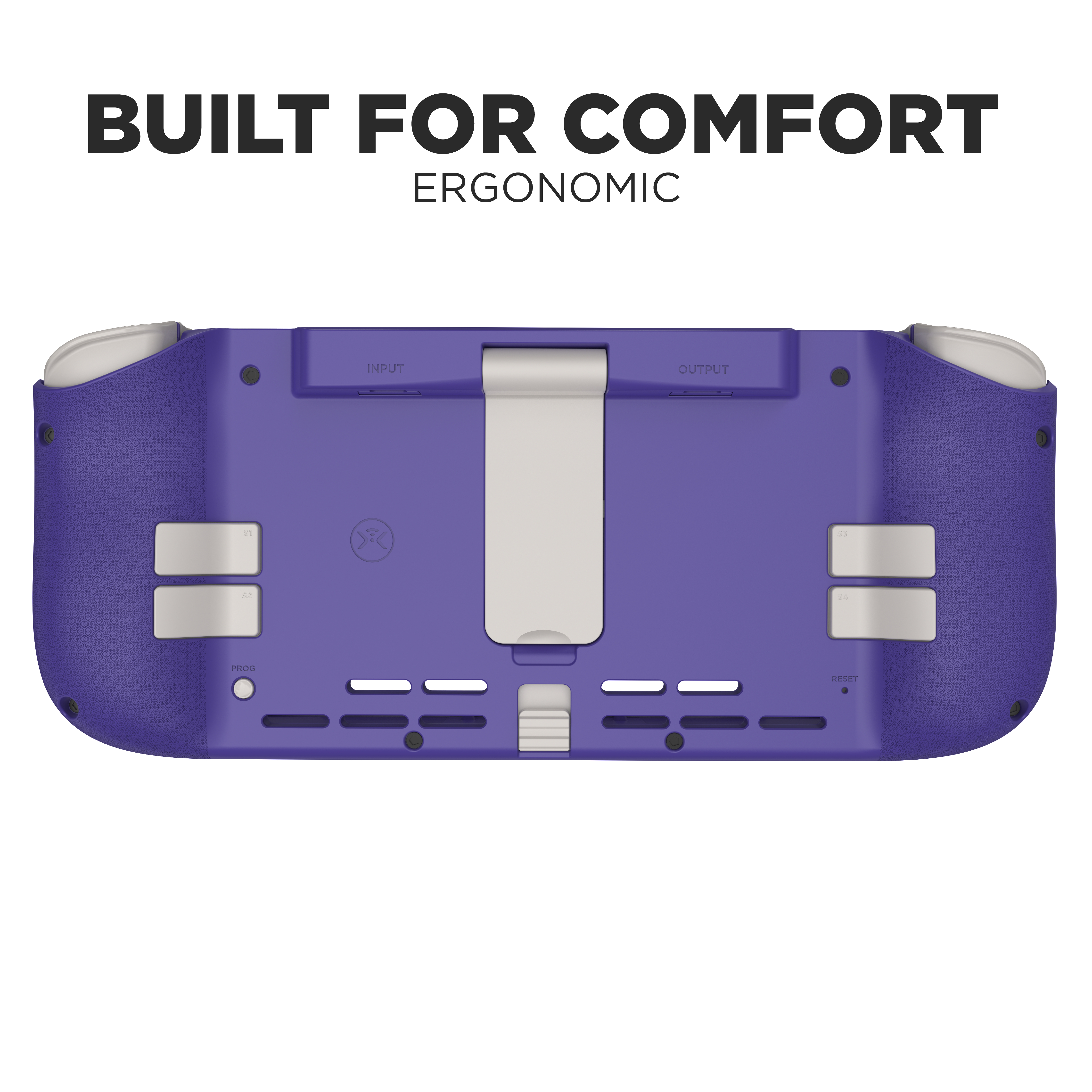 Die Rückseite eines lila Gamecontrollers mit beschriftetem Eingang und Ausgang.