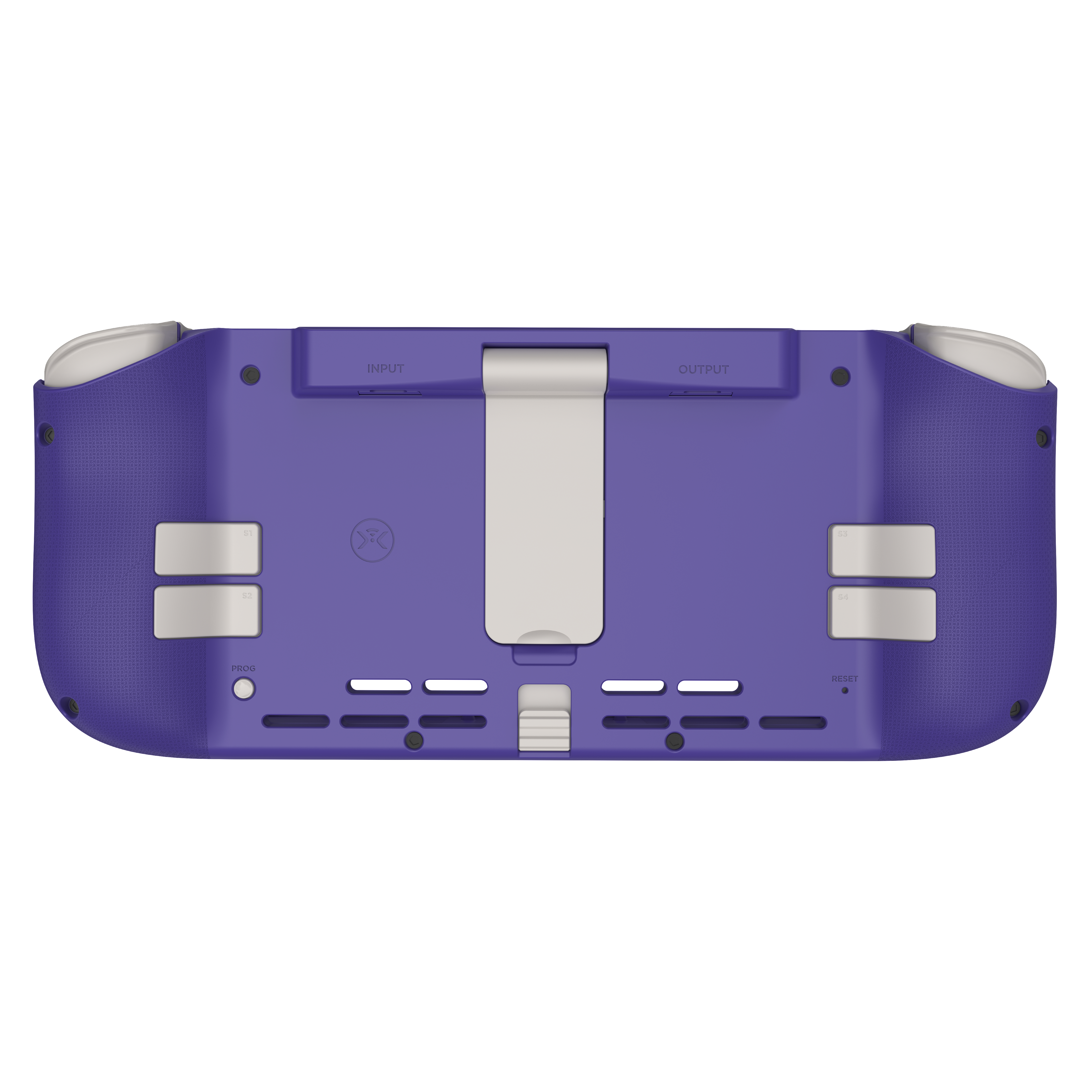 Rückseite der lila Handheld-Spielekonsole. Merkmale: Eingangs-/Ausgangsanschlüsse, Ständer und Tasten.