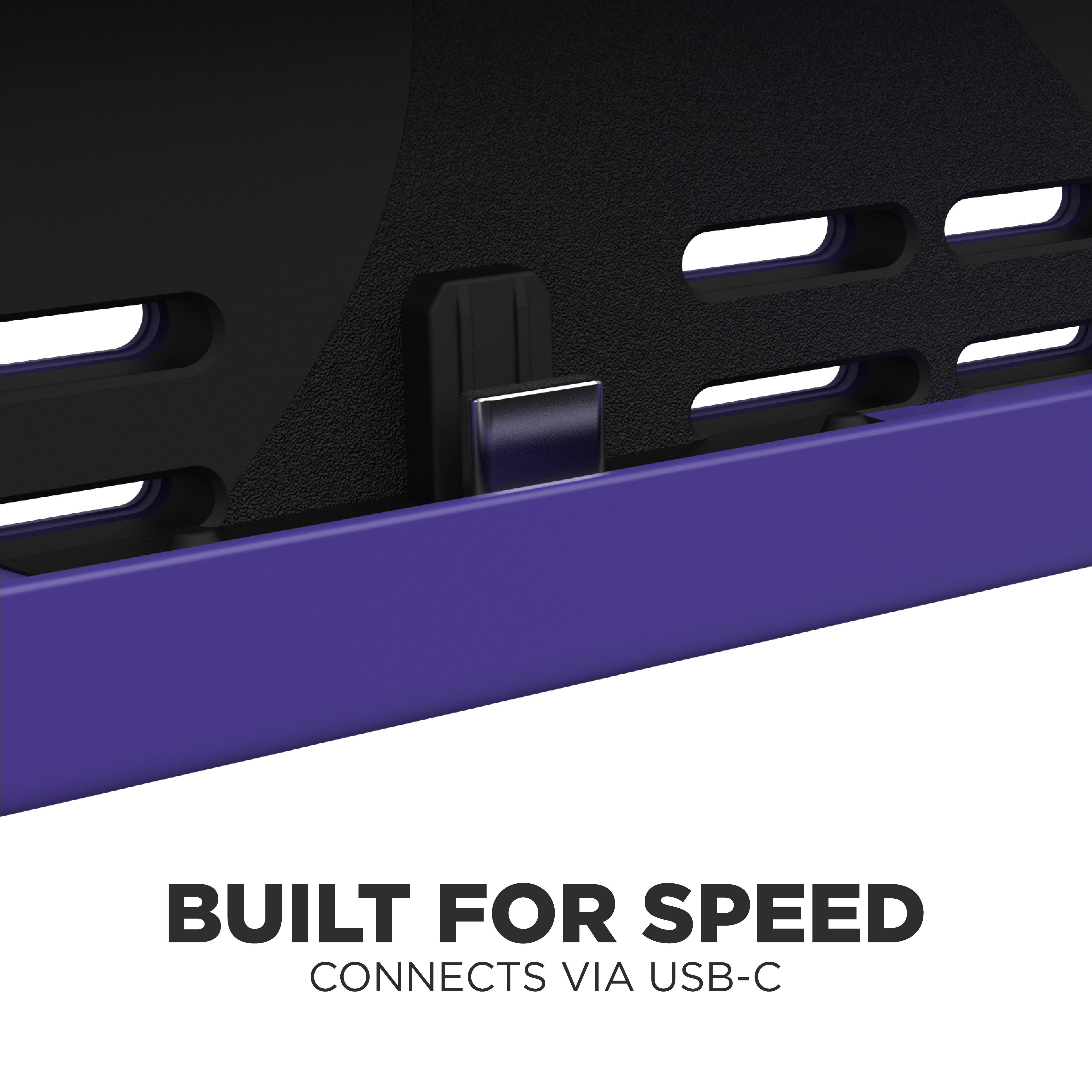 USB-C-Anschluss und ein schwarzes Gehäuse. Text: Built for Speed, Verbindet sich über USB-C.