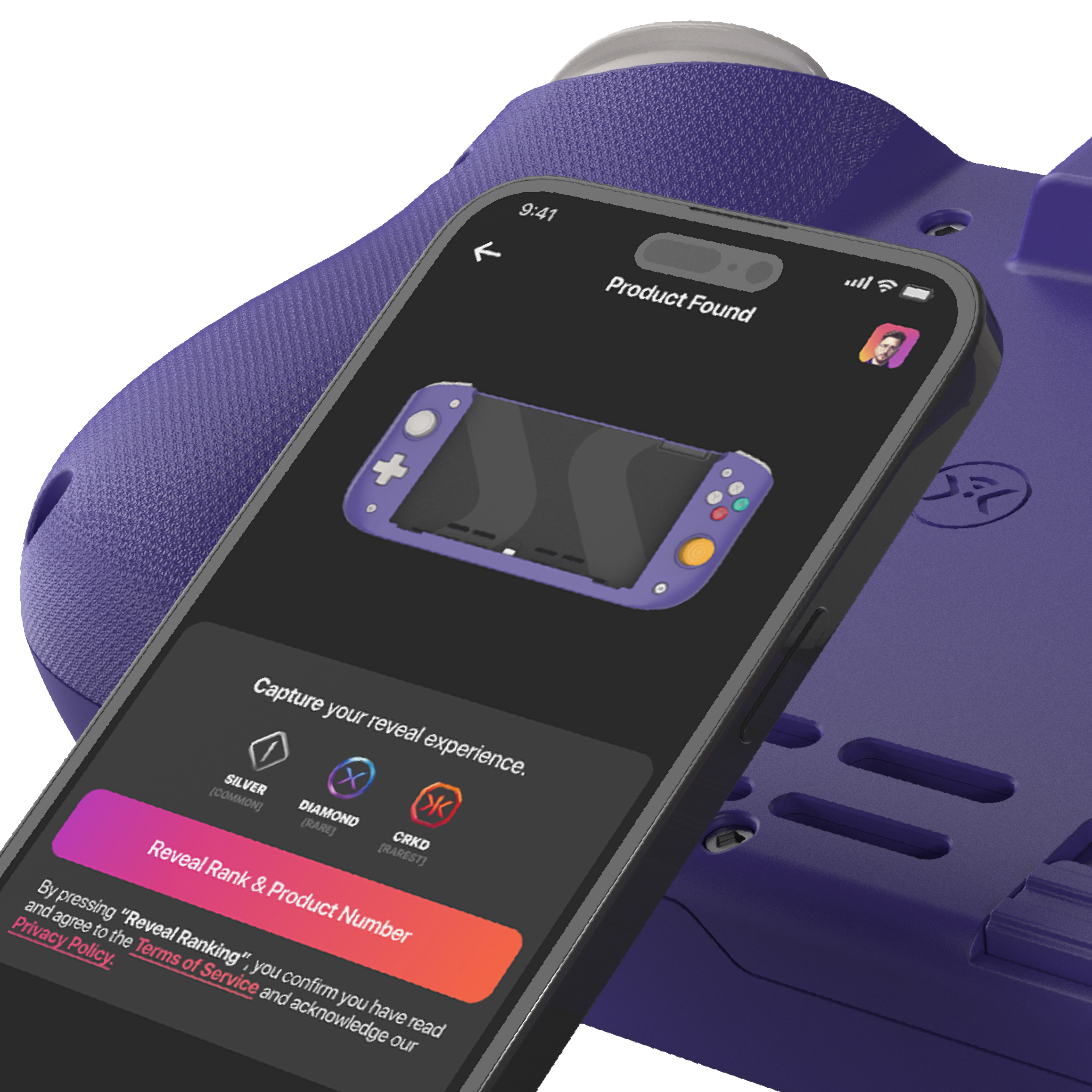 Ein Telefon zeigt ein Gamecontroller-Design, mit einem lila Controller im Hintergrund.