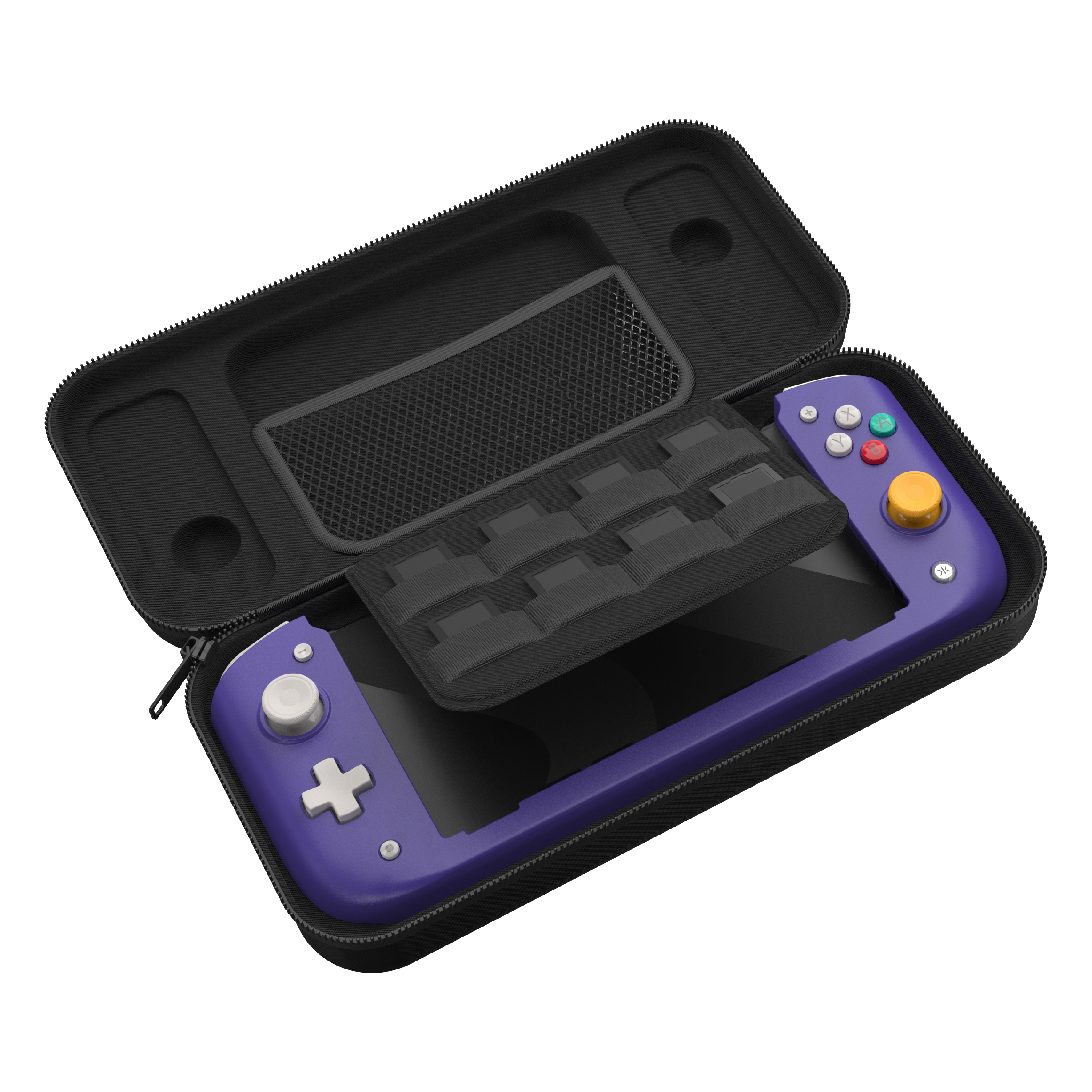 Lila Nintendo Switch Lite in einer schwarzen Tragetasche, geöffnet.