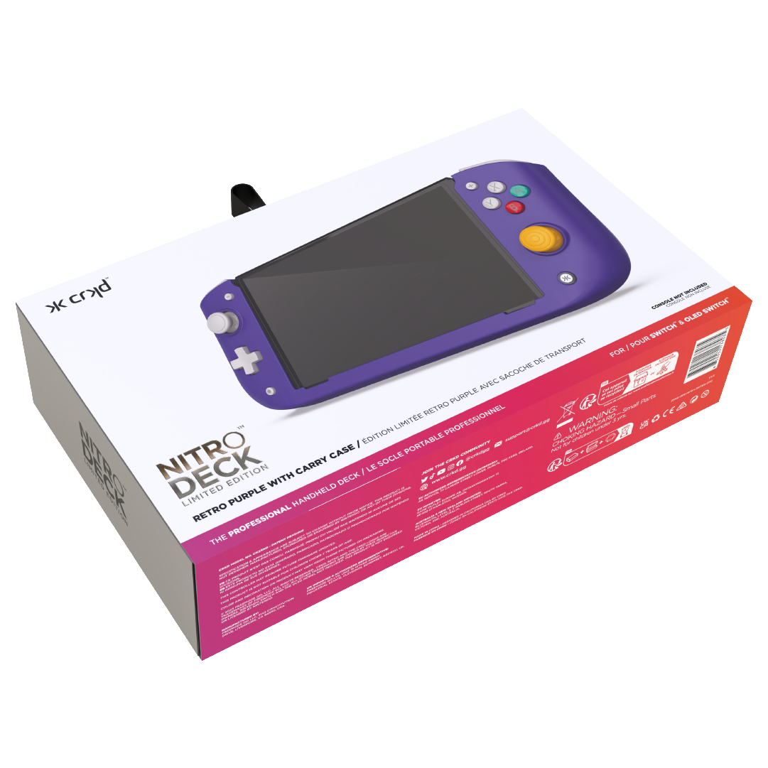Spielkonsolenbox, lila Nitro Deck, Handheld-Konsole innen, Text- und Designelemente.