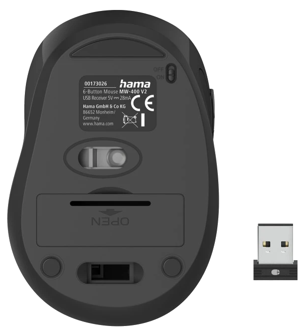 Fekete Hama egér alsó nézete USB vevővel. Az egéren van egy be/ki kapcsoló és egy elemtartó.