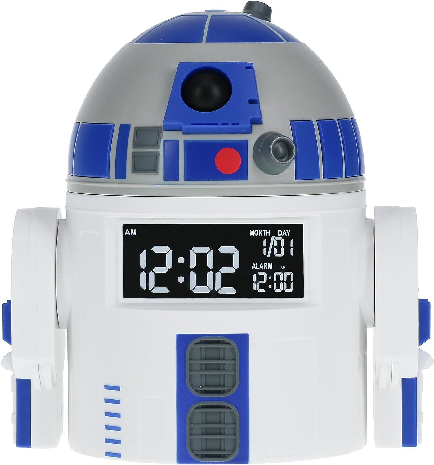 R2-D2 ébresztőóra, amely az időt és az ébresztési beállításokat mutatja.