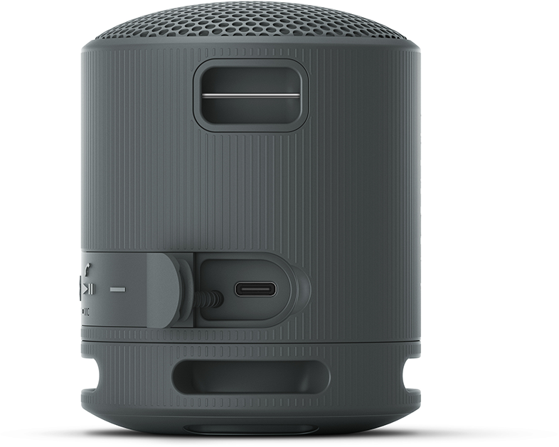 Egy sötétszürke hordozható hangszóró vezérlőgombokkal és USB-C porttal.