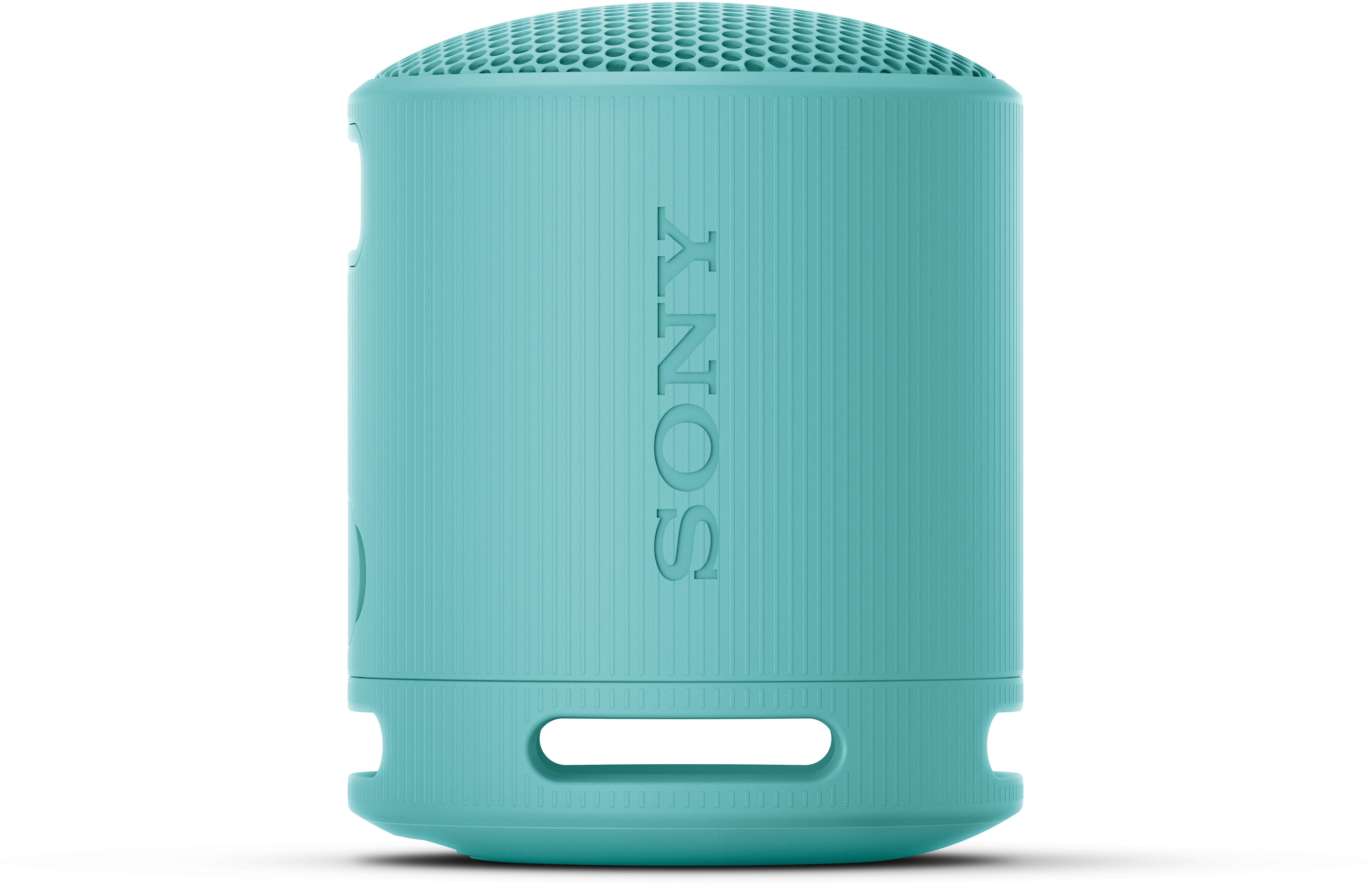 Egy türkiz színű, hengeres hordozható hangszóró, rajta a SONY felirattal.
