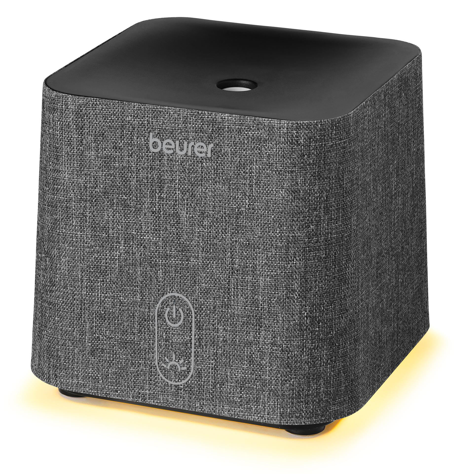 Beurer Aroma Diffusor, grauer Stoff außen, schwarzer Deckel, Licht unten.