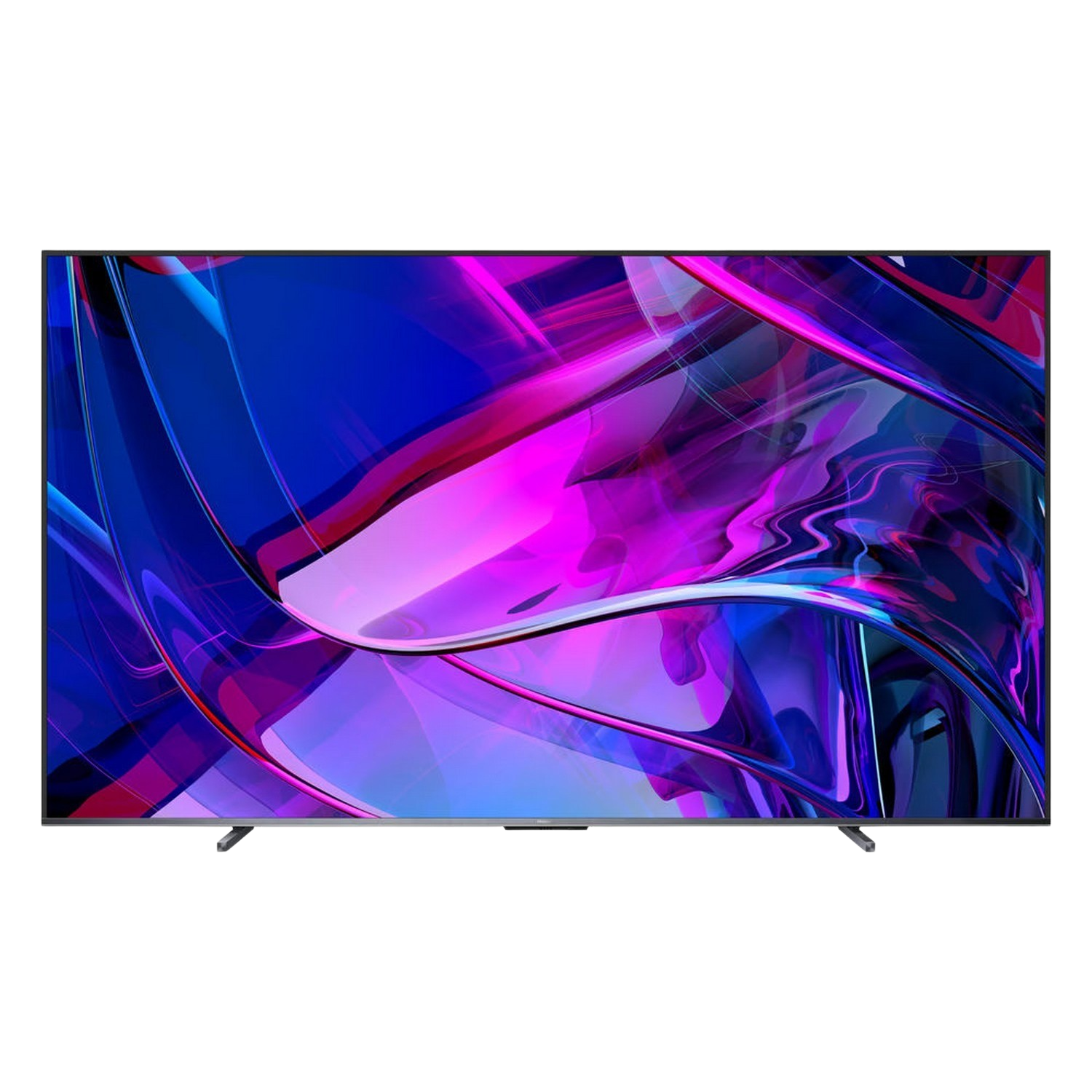 Un grand écran de télévision avec un design abstrait vibrant de couleurs bleues, roses et violettes sur fond noir.