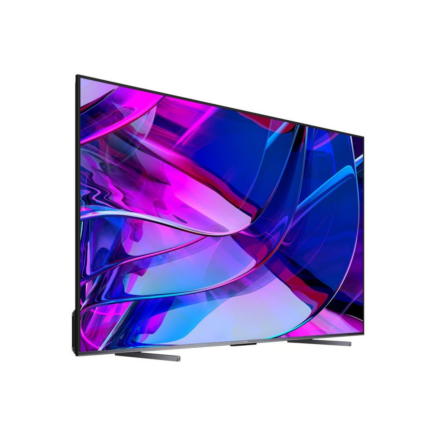 TV moderne avec écran incurvé, affichant un design abstrait bleu et violet. Support argenté.