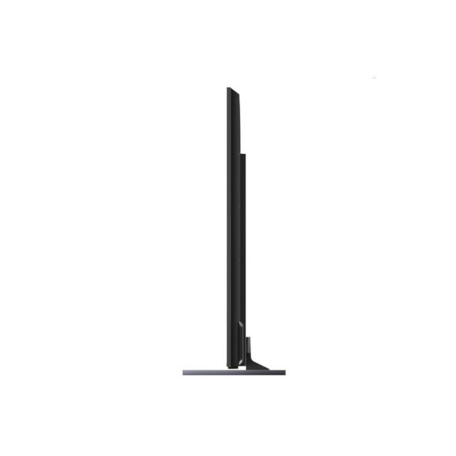 Vue latérale d'un écran de télévision noir, fin et moderne sur un support sombre, sur fond blanc.