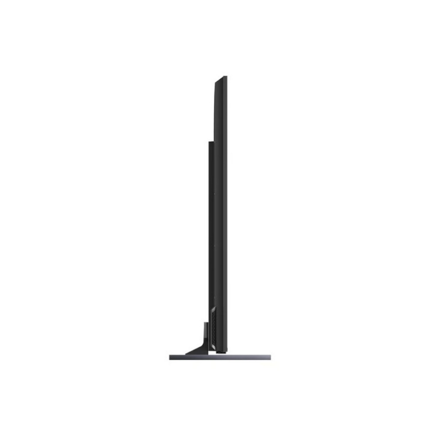 Vue latérale d'une télévision noire sur un support, design fin.