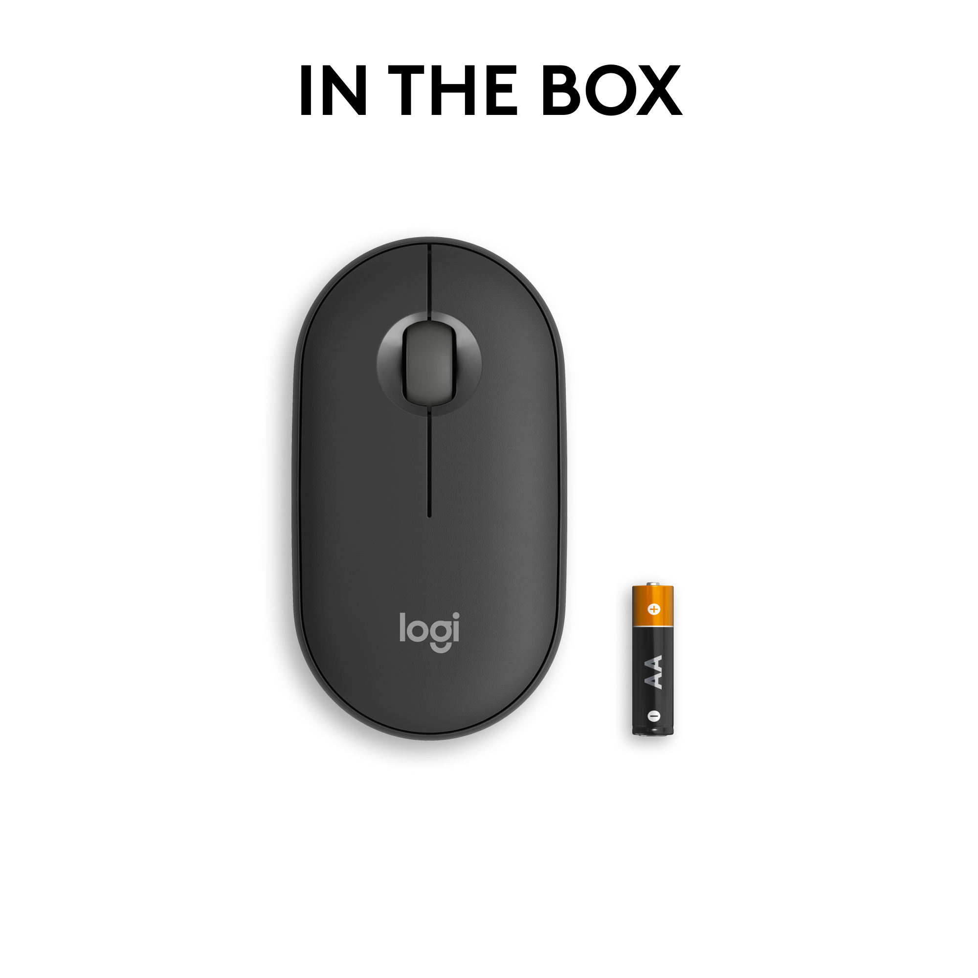 Mouse Logitech nero e batteria AA, su superficie bianca, testo: IN THE BOX.