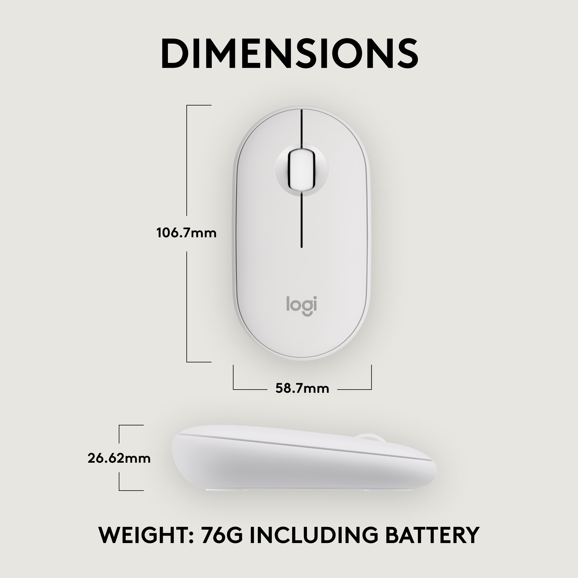 Souris sans fil blanche. Dimensions et poids indiqués sur l'image.