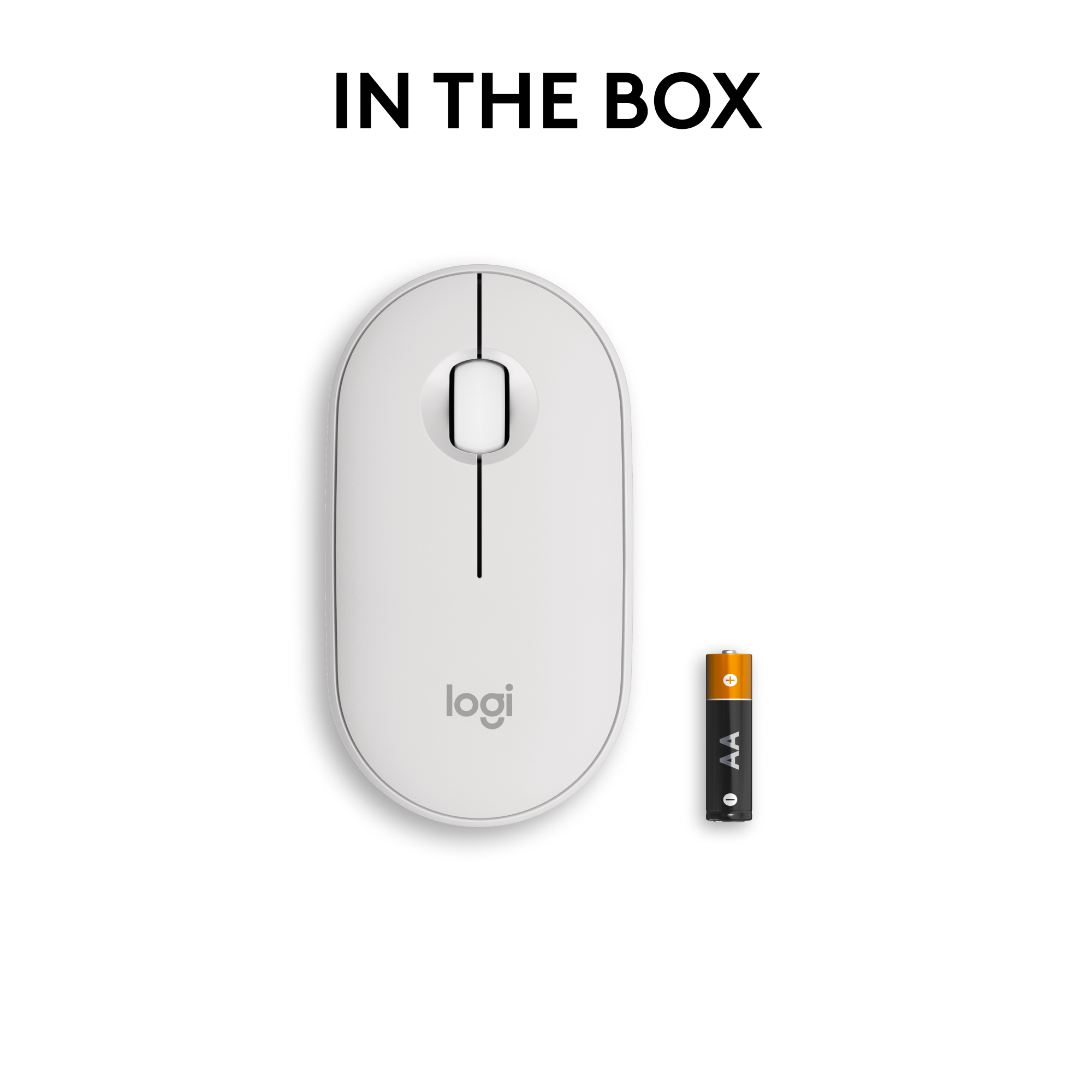 Souris sans fil blanche avec le mot 'logi' et une pile AA sur fond blanc.