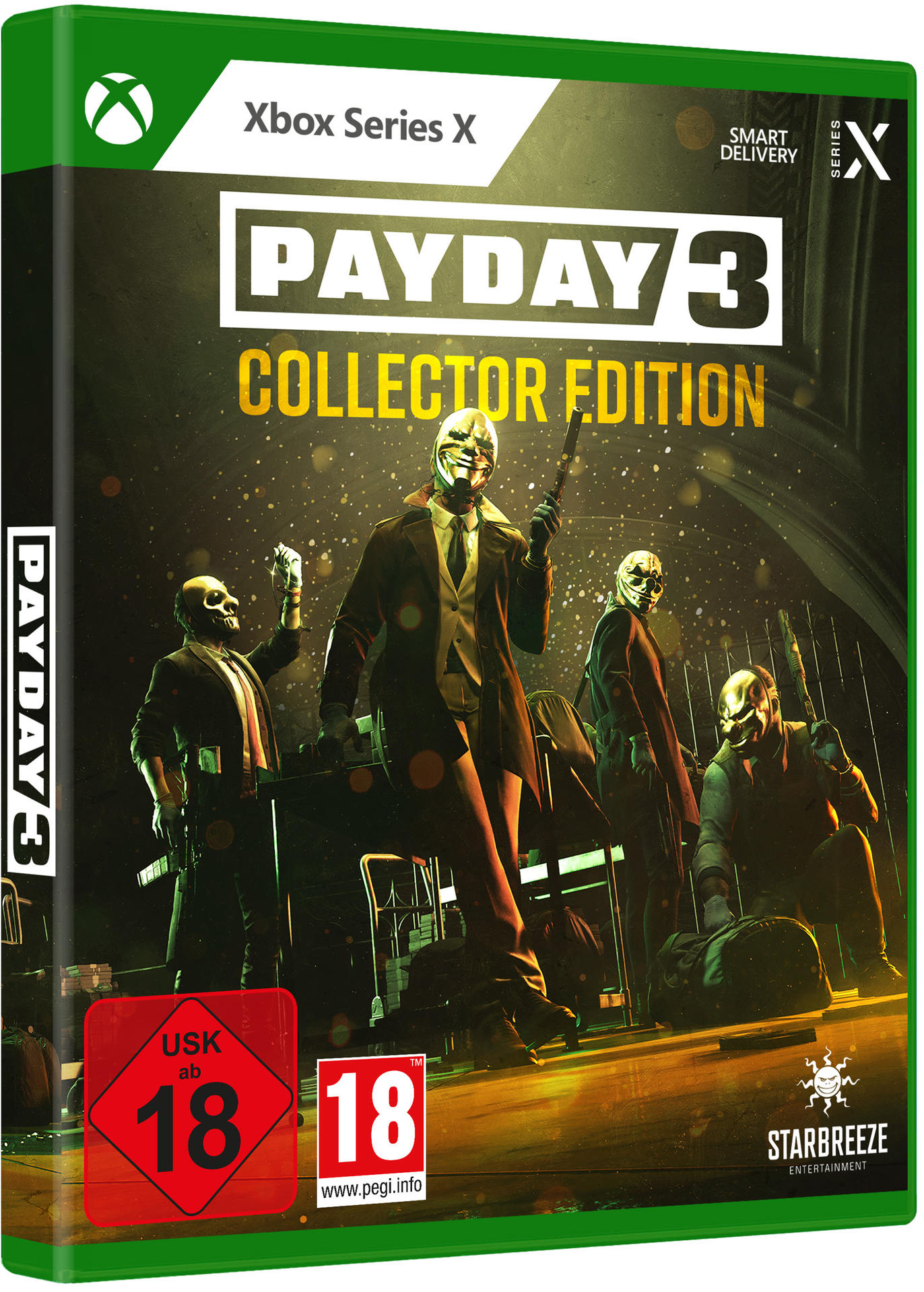 Spielbox-Art: vier Männer in Anzügen und Masken, einer mit einer Waffe. 'PAYDAY 3'.