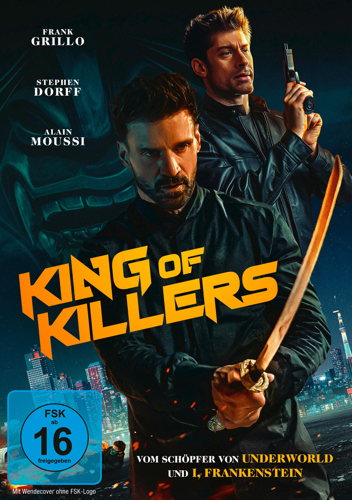 Filmcover mit drei Männern, einer mit Schwert, und dem Titel 'King of Killers'.