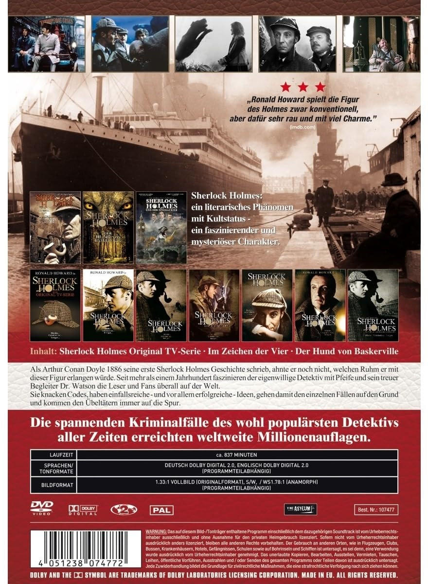 DVD-Rückseite mit Sherlock Holmes Bildern und Text.