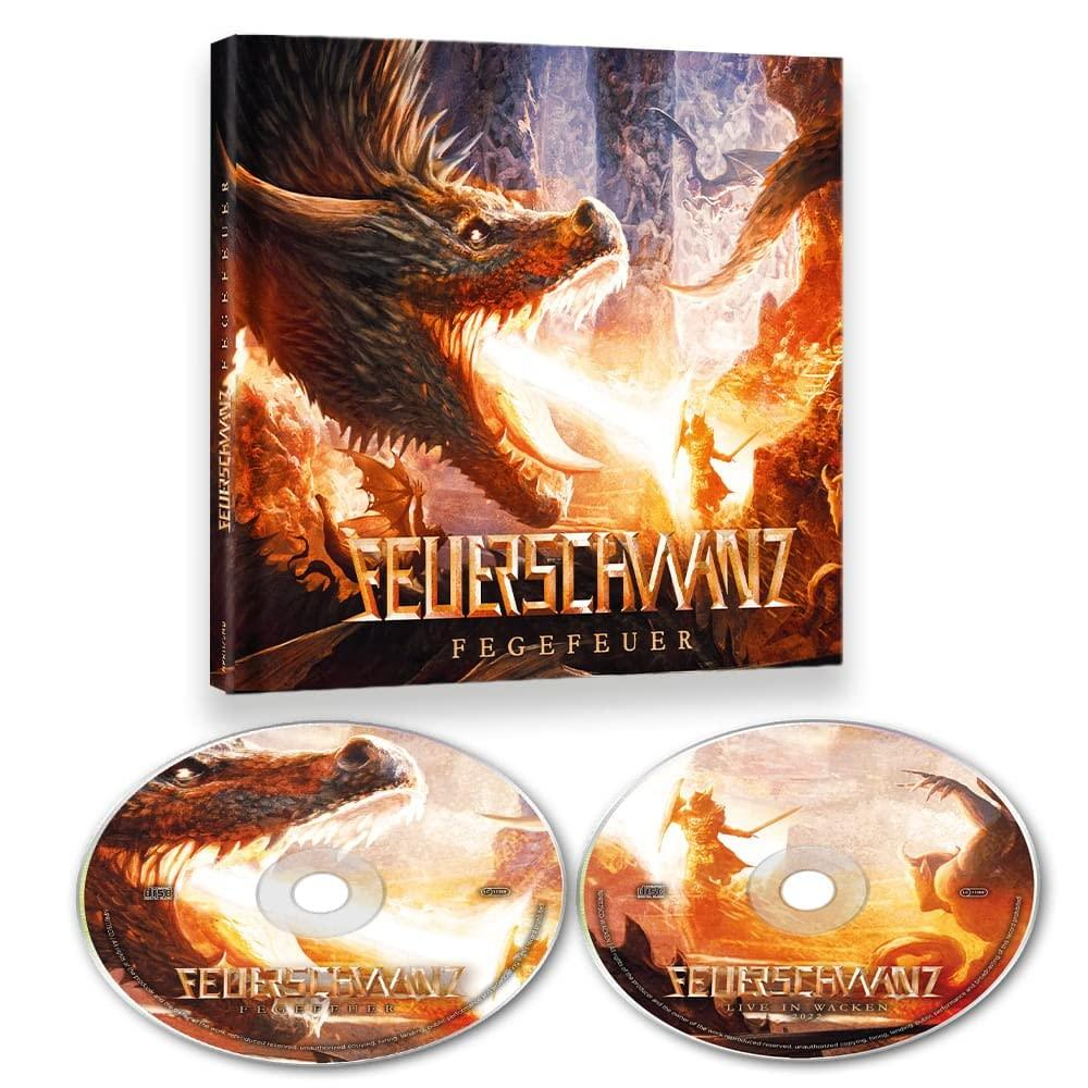 CD-Set und Buch. Buch mit Drachenmotiv. CDs zeigen Drachen- und Feuerbilder.