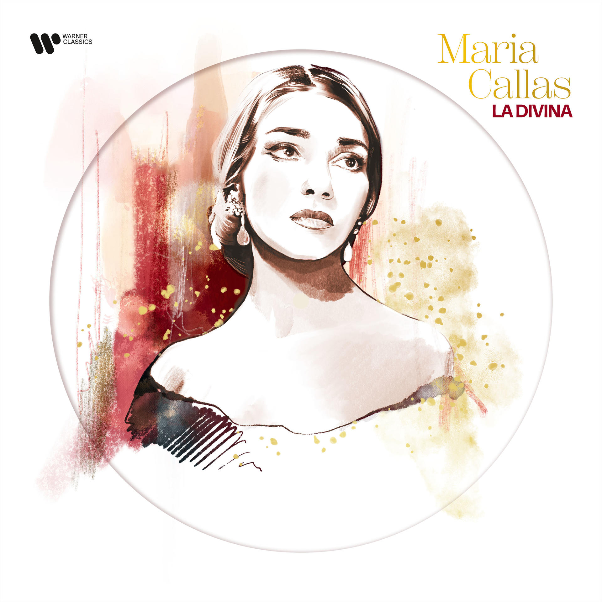 Maria Callas képe, egy nő, fehér háttérrel és némi színnel.