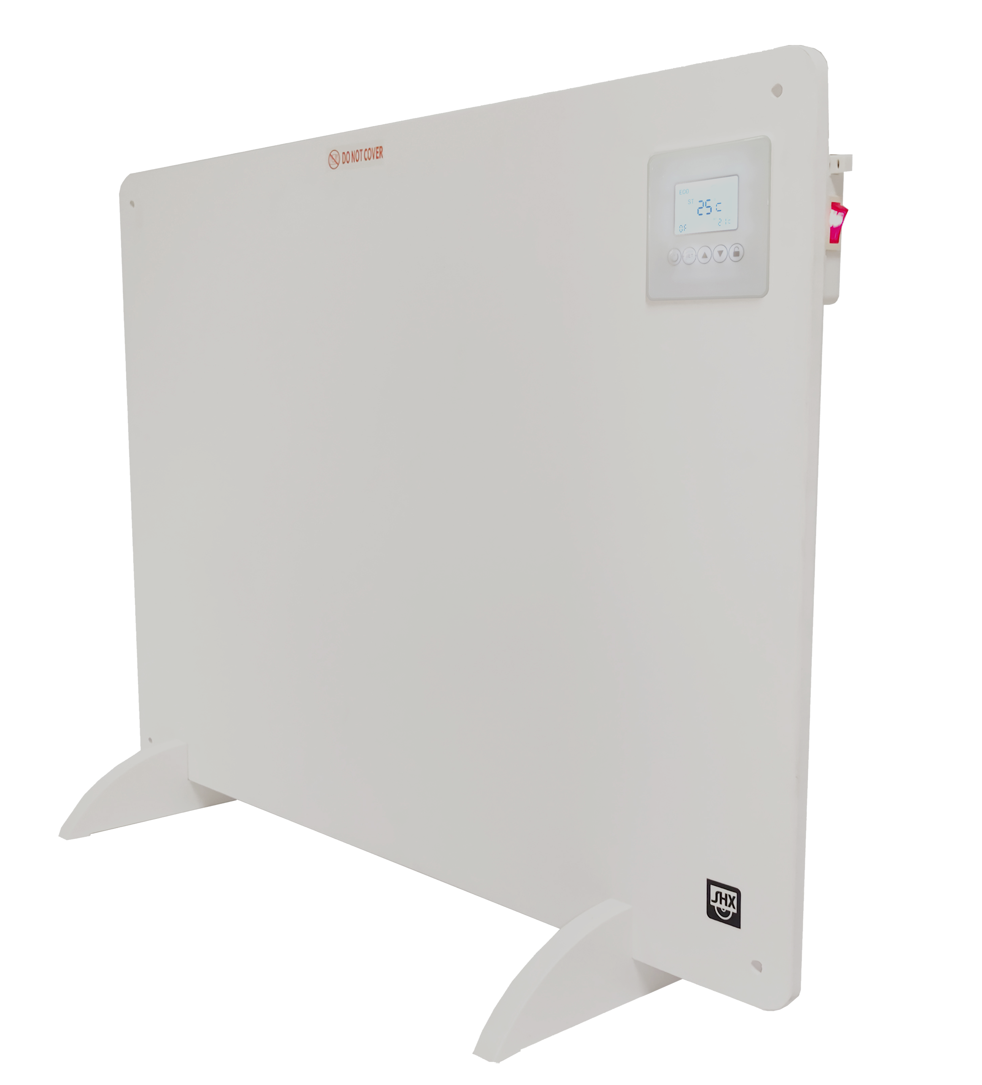 Weißer Wandheizkörper mit digitaler Anzeige, JXH-Logo.