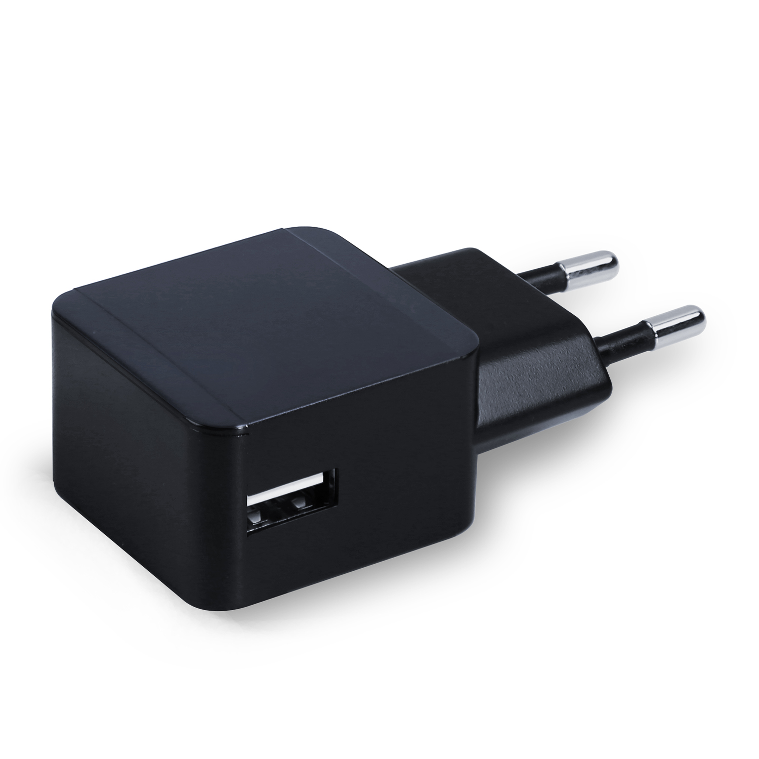Caricatore USB nero con due spine e una porta USB. Sfondo bianco.