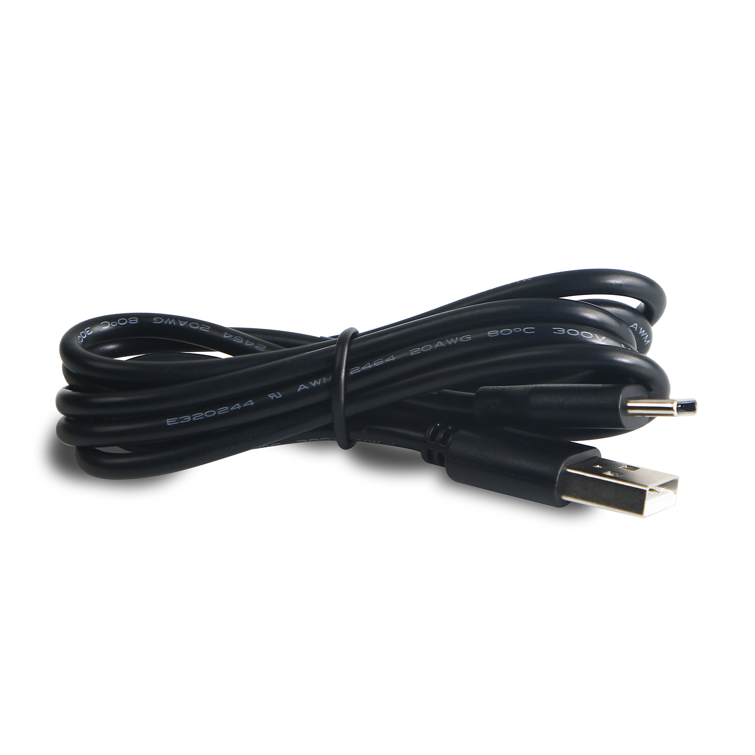 Cavo di alimentazione USB a CC nero, arrotolato. Connettori USB-A e CC visibili.