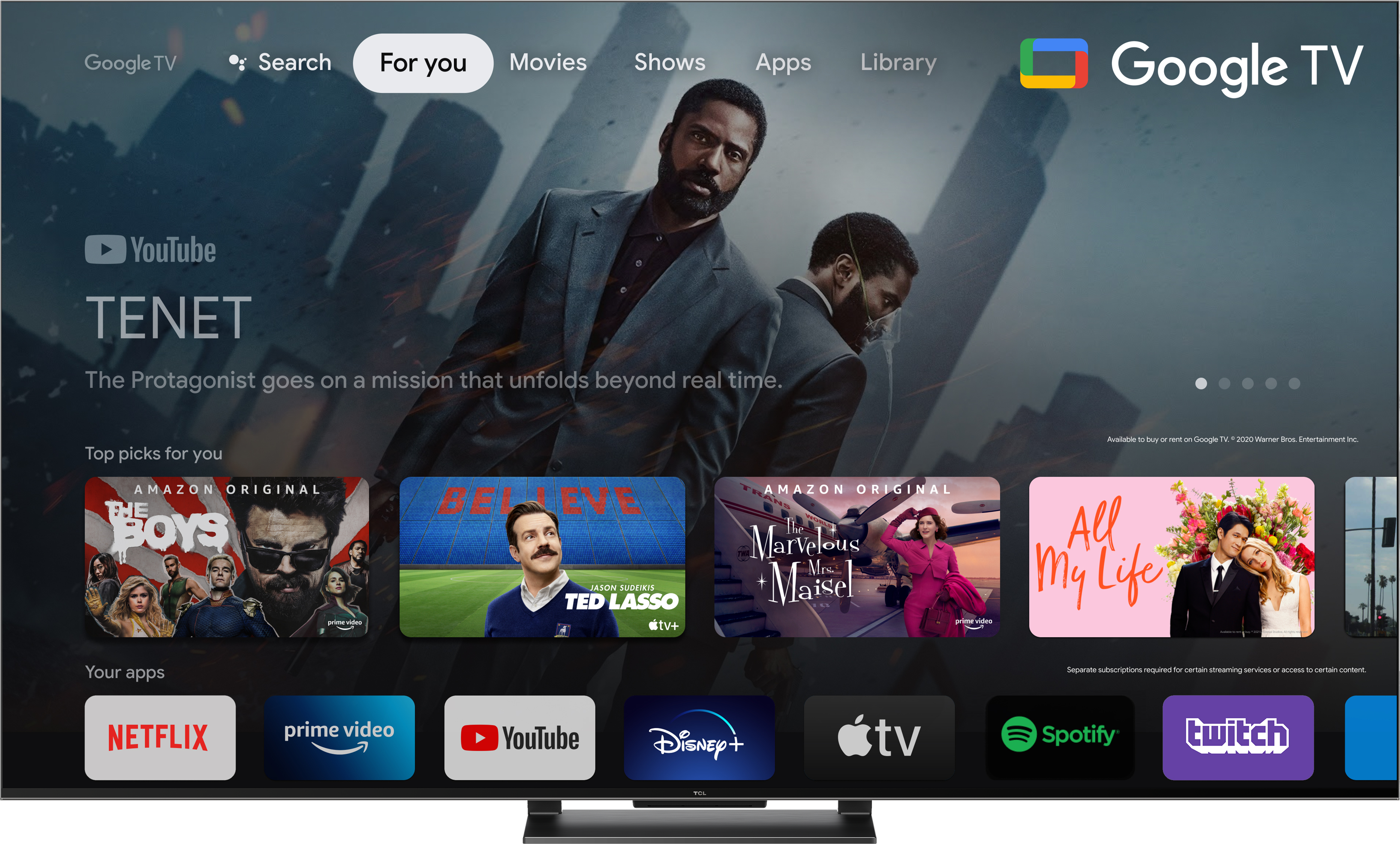 Google TV-Oberfläche auf einem Fernsehbildschirm. Weißer Hintergrund.