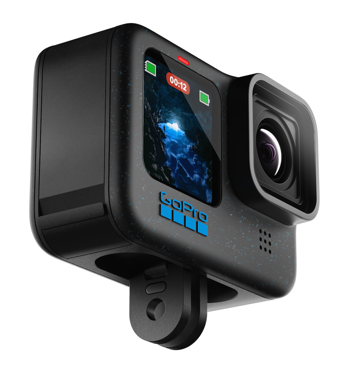 Kamera GoPro, czarna z ekranem wyświetlającym podwodną scenę, na białym tle.