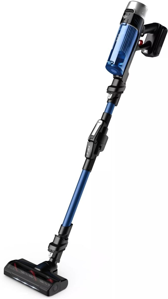 Niebiesko-czarny odkurzacz pionowy, skierowany w górę. Odkurzacz ma długi drążek i czarną głowicę.