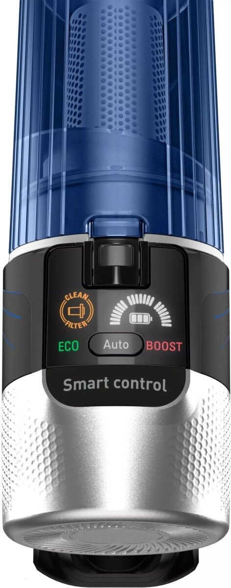 Srebrno-czarny odkurzacz z niebieskim topem, wyświetlający panel sterowania z przyciskami i wskaźnikiem baterii.