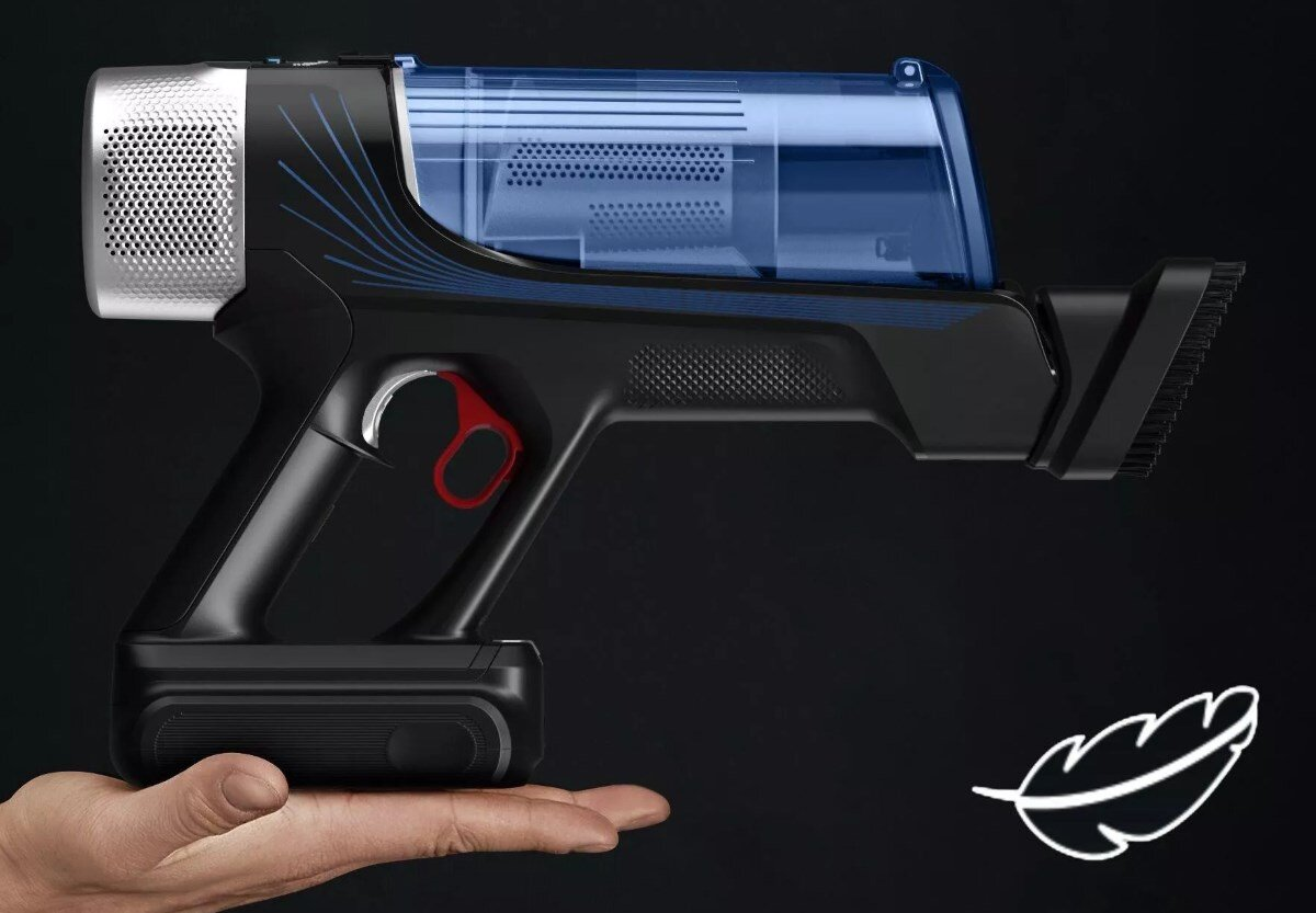 Czarno-niebieski odkurzacz bezprzewodowy trzymany w dłoni.