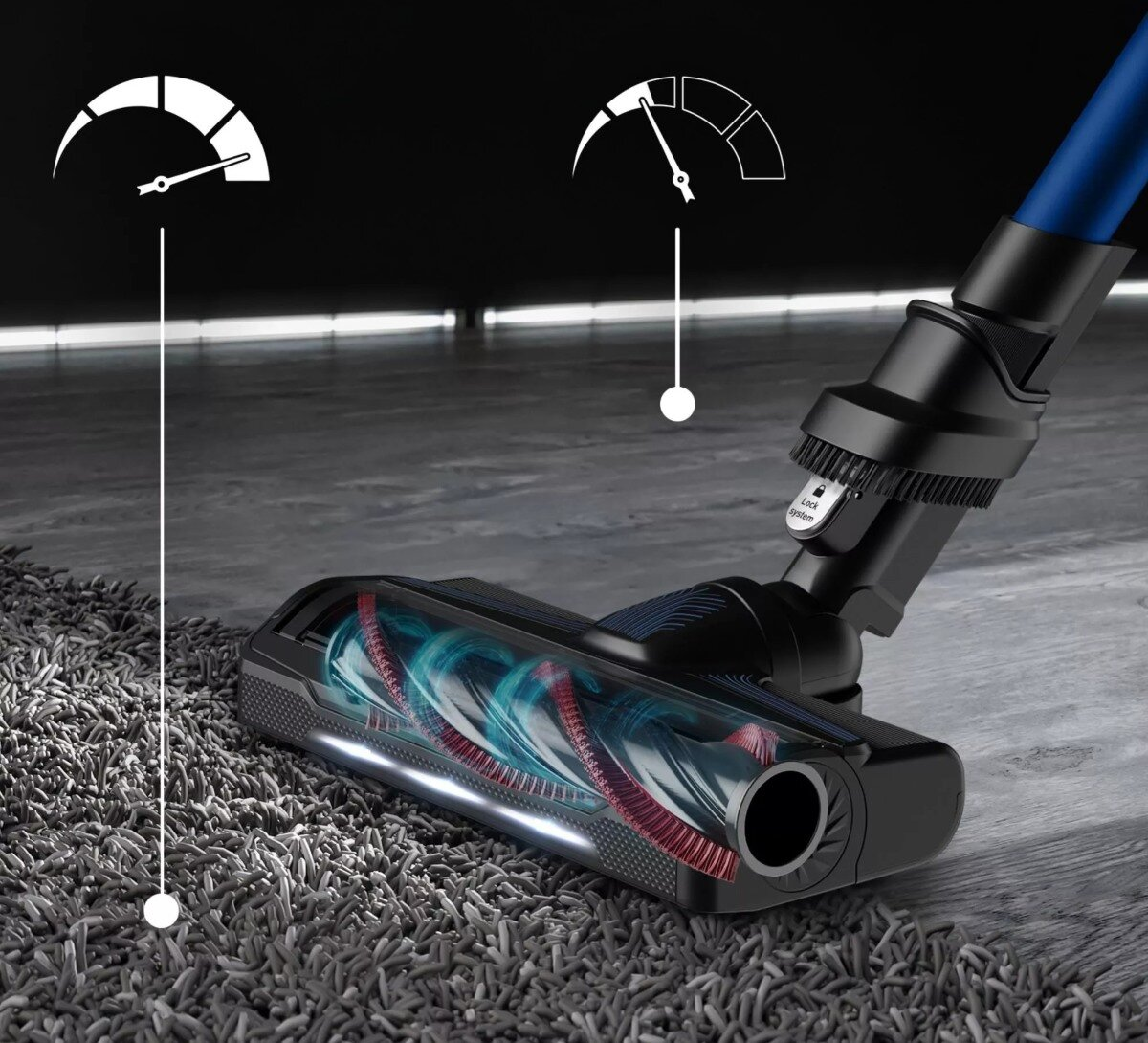 Głowica odkurzacza na dywanie ze wskaźnikami.