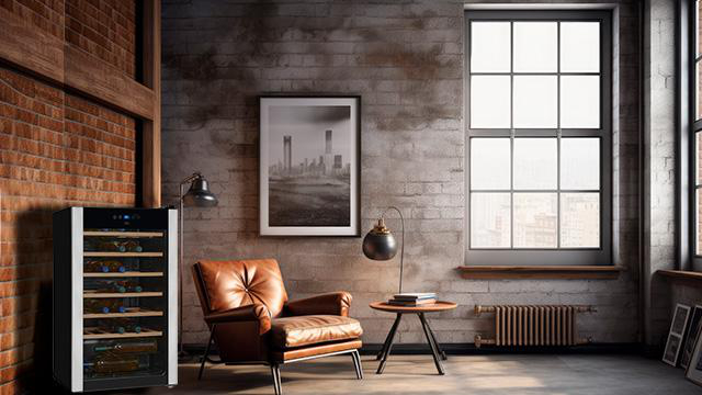Ein Raum mit Weinkühler, Ledersessel und Fenster. Ein gerahmtes Kunstwerk hängt an der Wand.