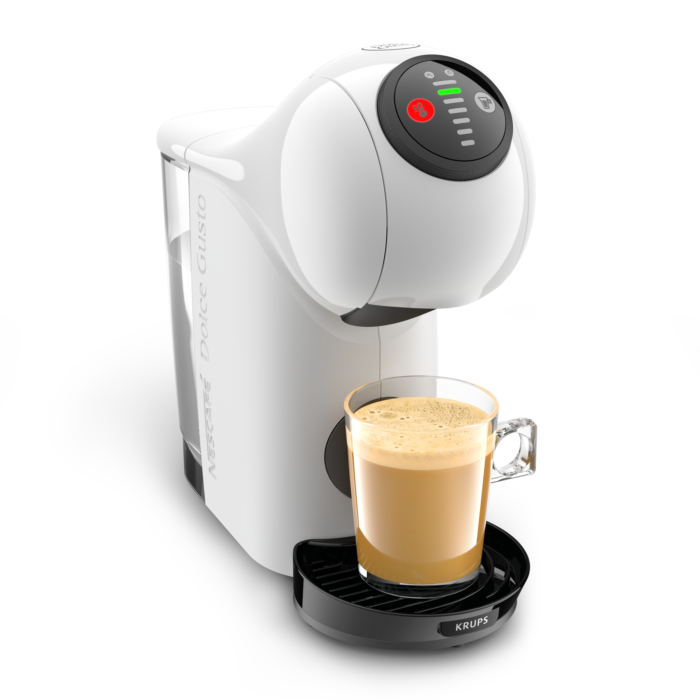 Cafetera blanca con un vaso de café.
