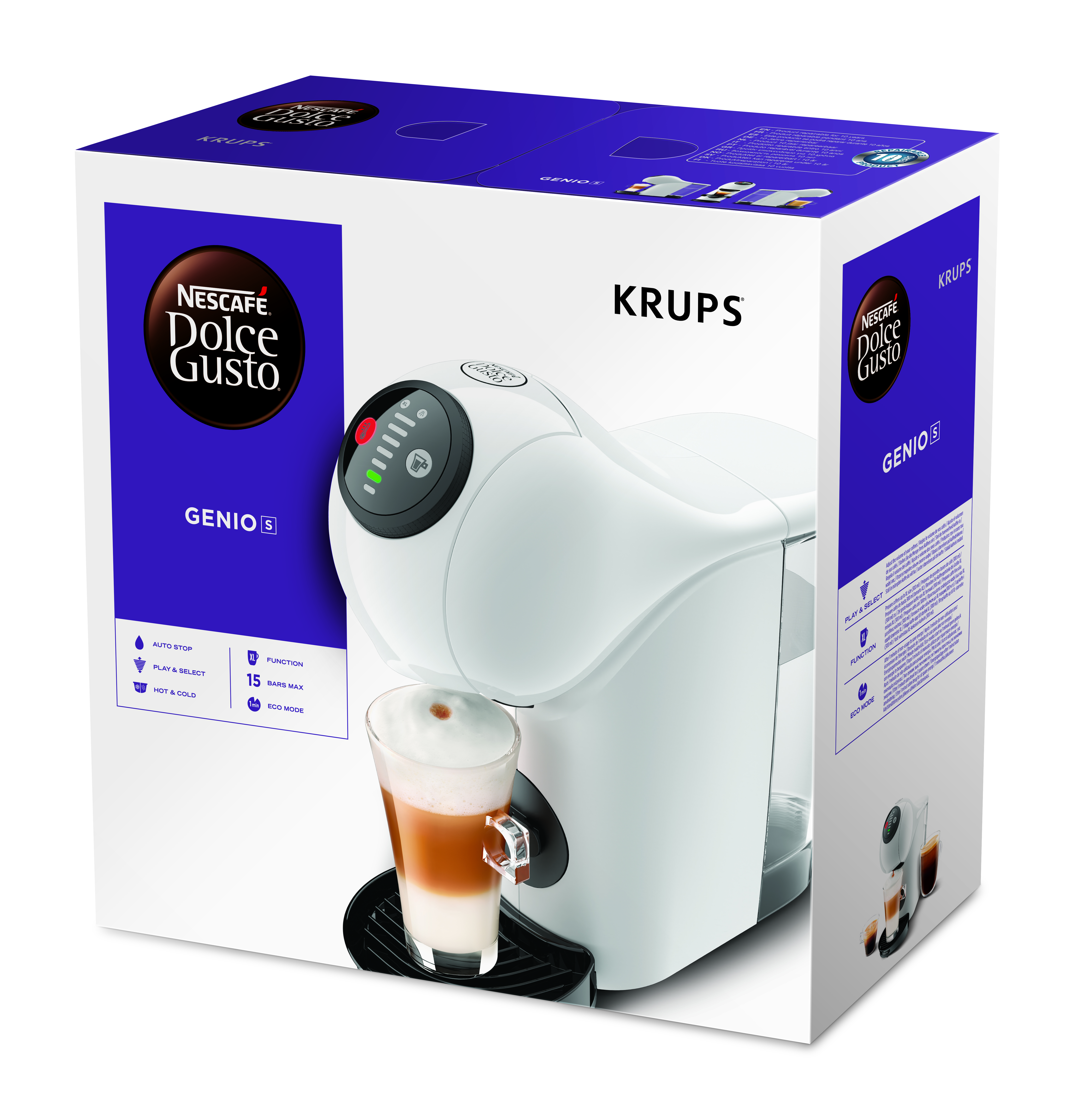 Cafetera blanca y morada Nescafe Dolce Gusto Genio S con un vaso de café y una caja.