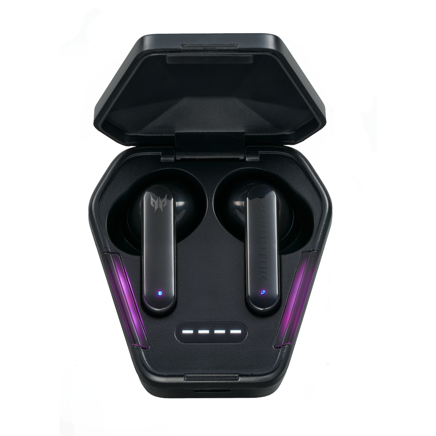 Black earbuds in a black charging case with purple accents. Case is open, earbuds are upright.