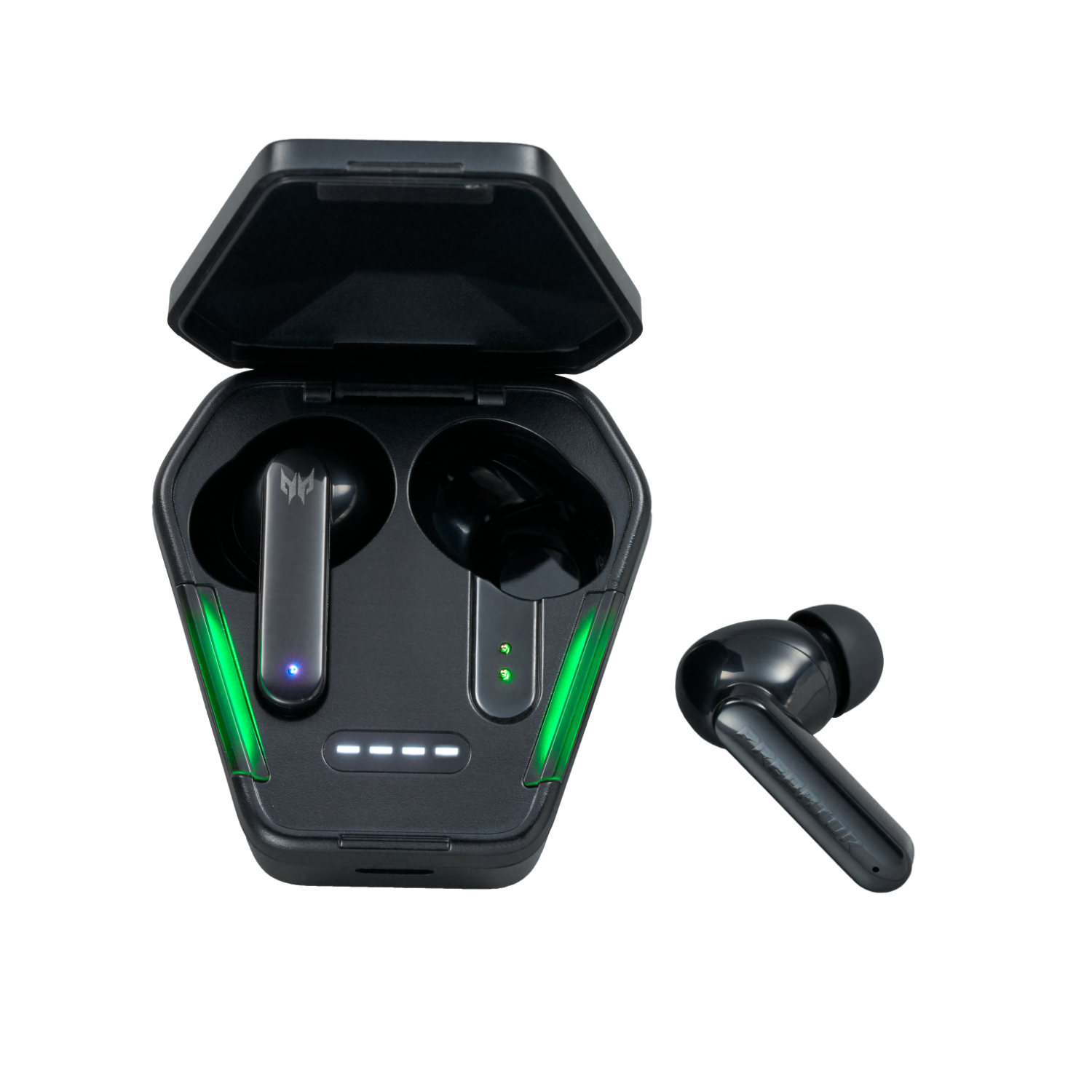 A black charging case with two earbuds inside and one earbud outside. Green lights are on.
