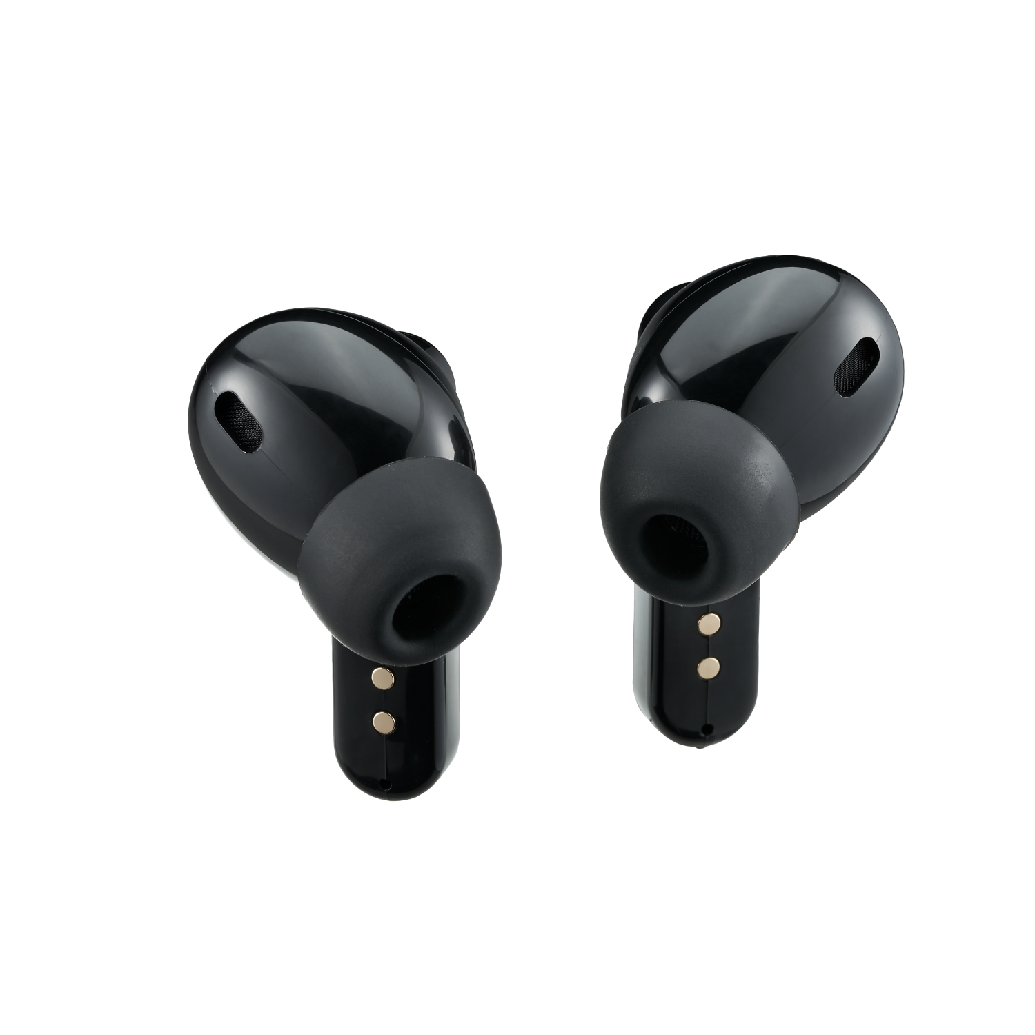 Two black wireless earbuds on a black background. Each earbud has a small gold dot.