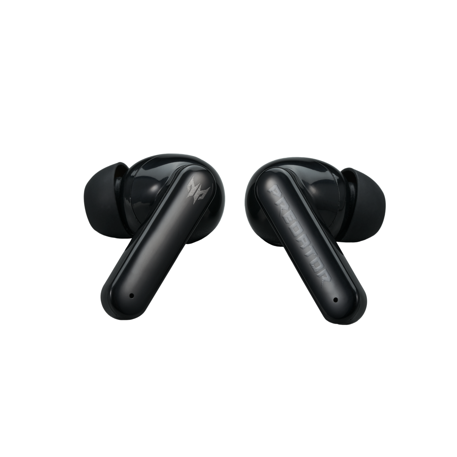 Black wireless earbuds, each with a logo, against a black background. The earbuds have long, angled stems.