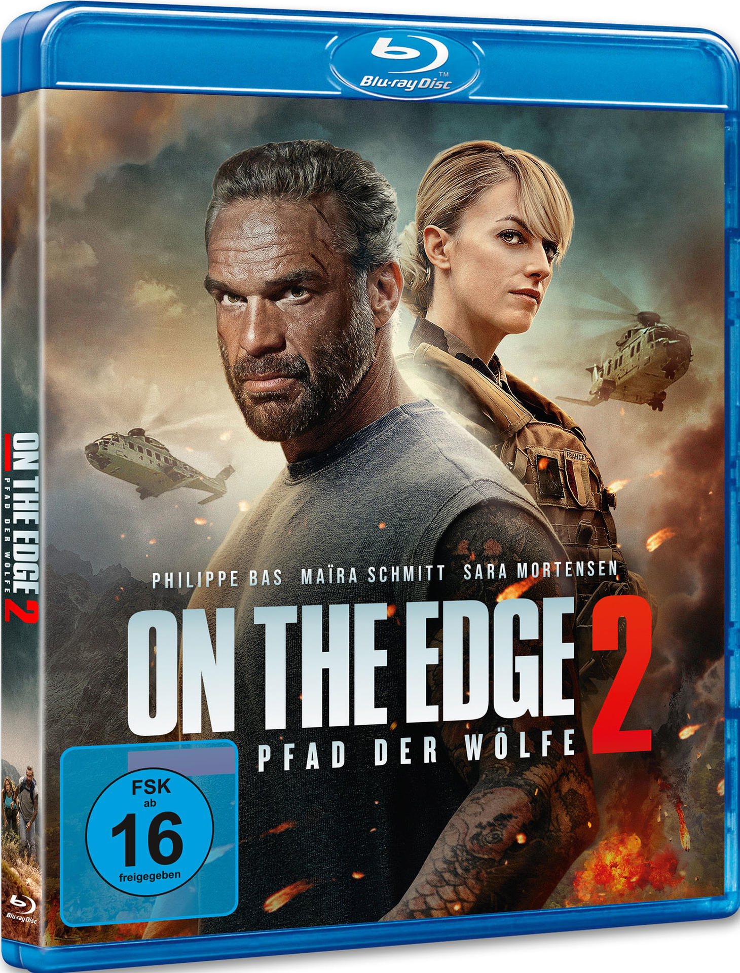 Filmcover mit zwei Personen und Hubschraubern. Der Titel lautet "On The Edge 2".