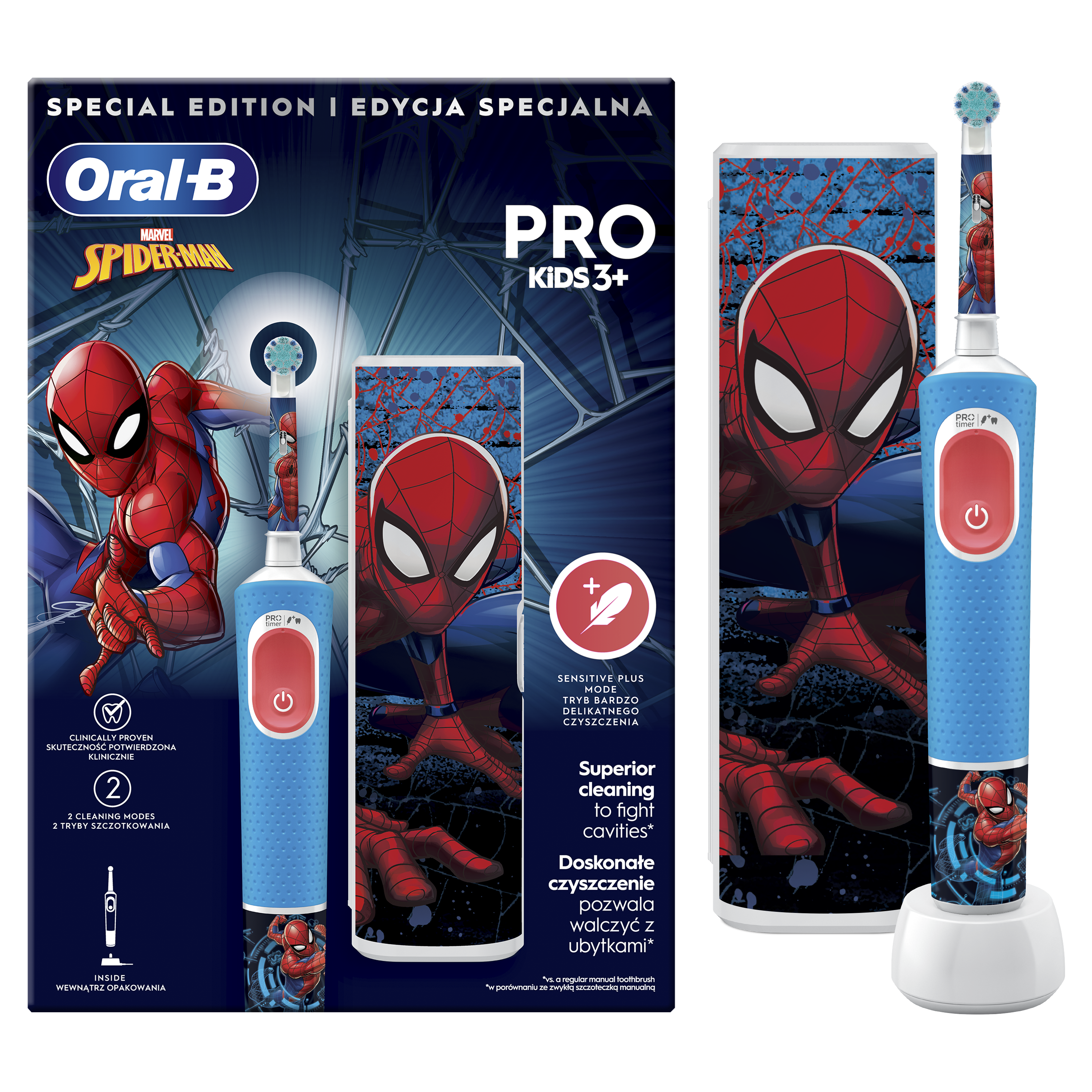Oral-B Pókember elektromos fogkefe csomag. A fogkefe piros és kék.