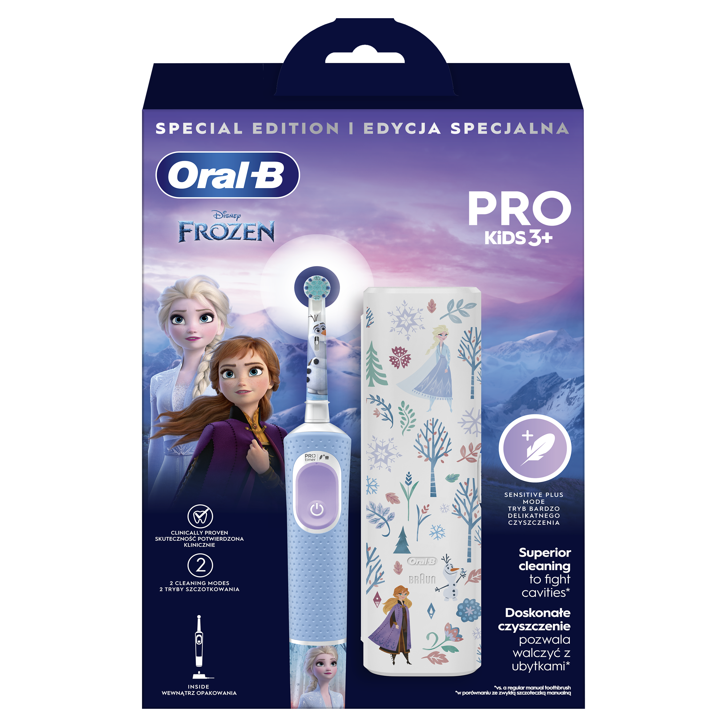Oral-B Frozen elektromos fogkefe, kék és fehér, a fogkefével és a dobozzal.